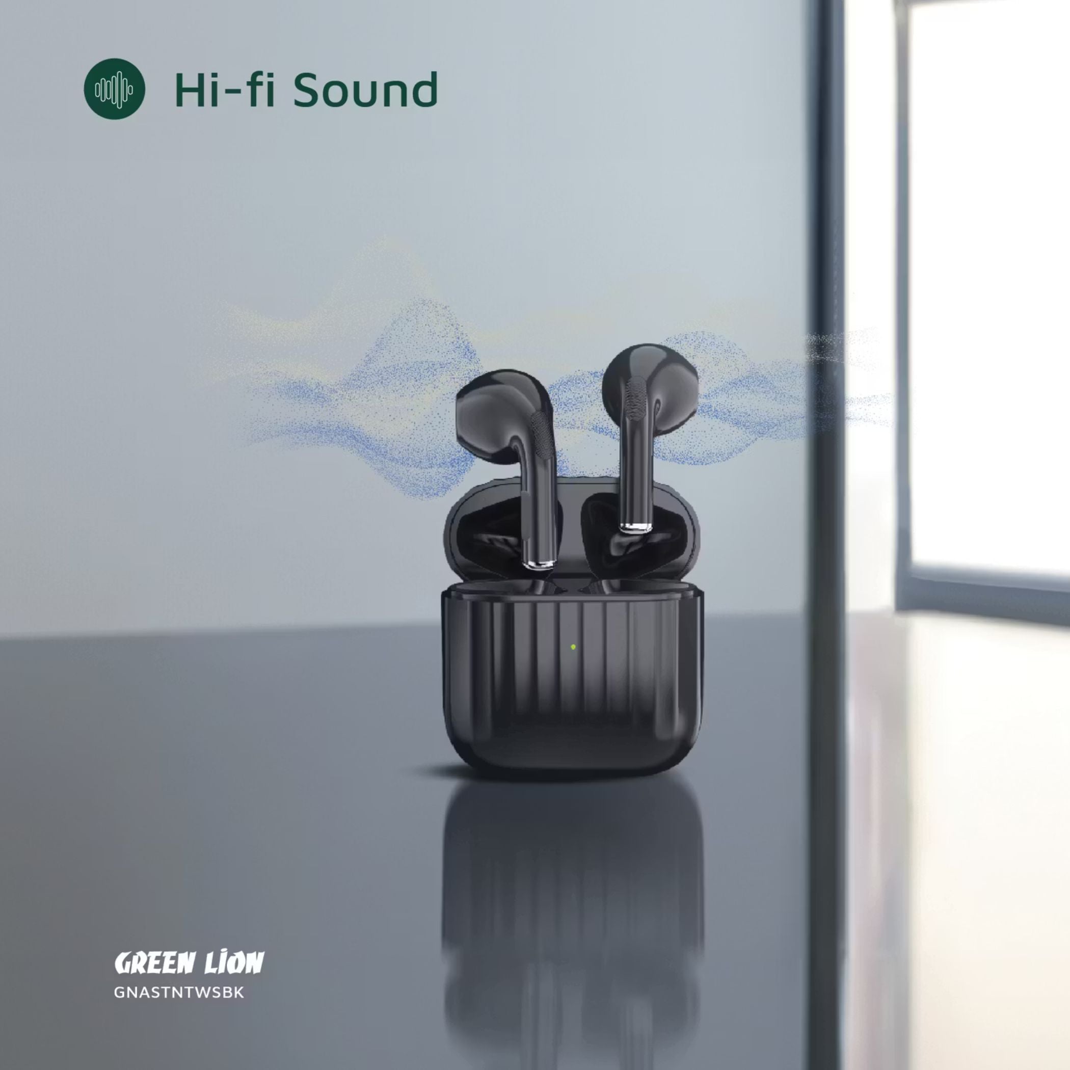 Green Lion Austin True Wireless Earbuds with Built-in Microphone, HiFi Sound, Dual-Mic, Touch Control, Voice Assistant, Type-C Charging, 3 Hours Playtime - Black