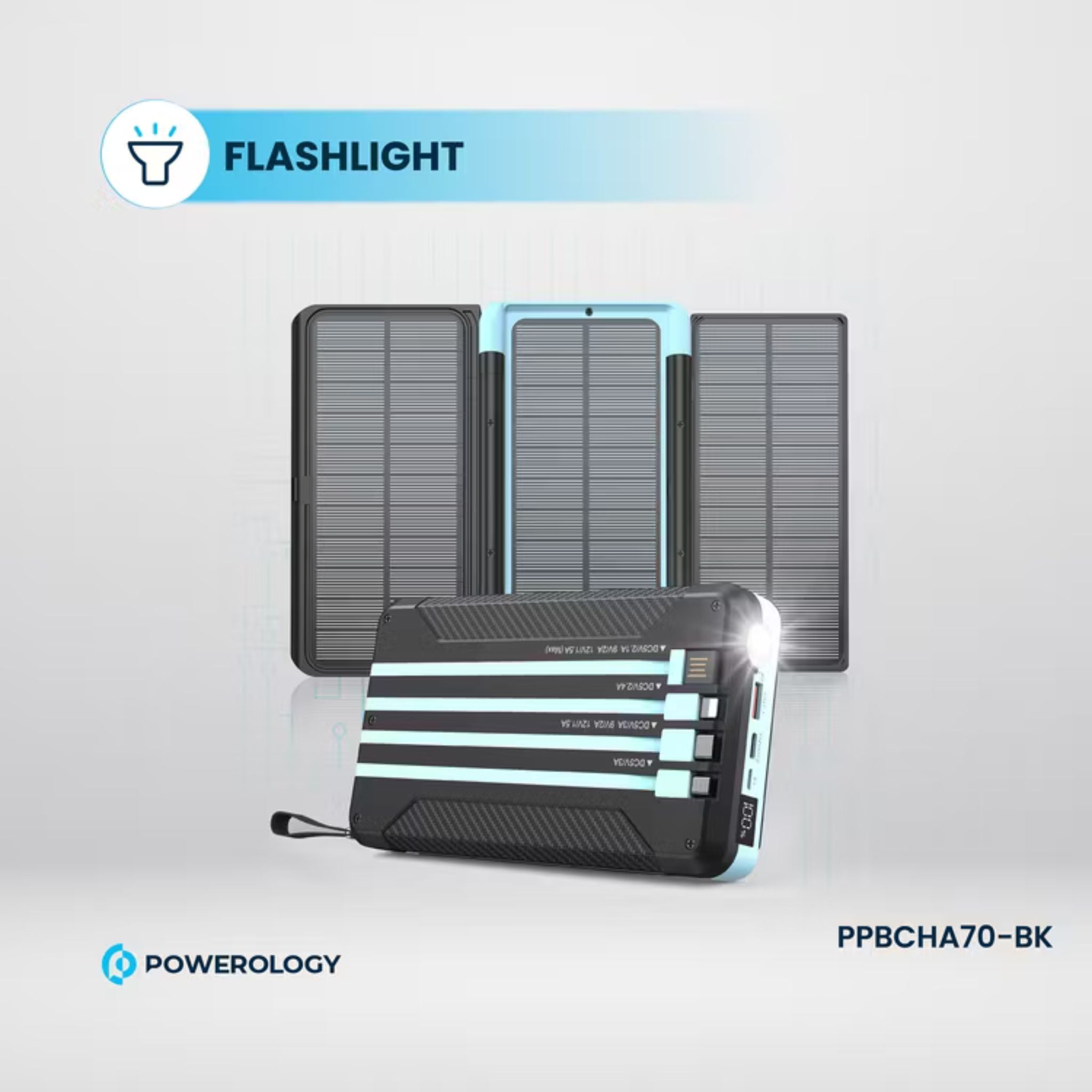 Powerology 16000 mAh Solar Multi-Cable Power Bank,PD 20W, Integrated Cables, Lithium Polymer Type, LED Display, Flashlight, - Black