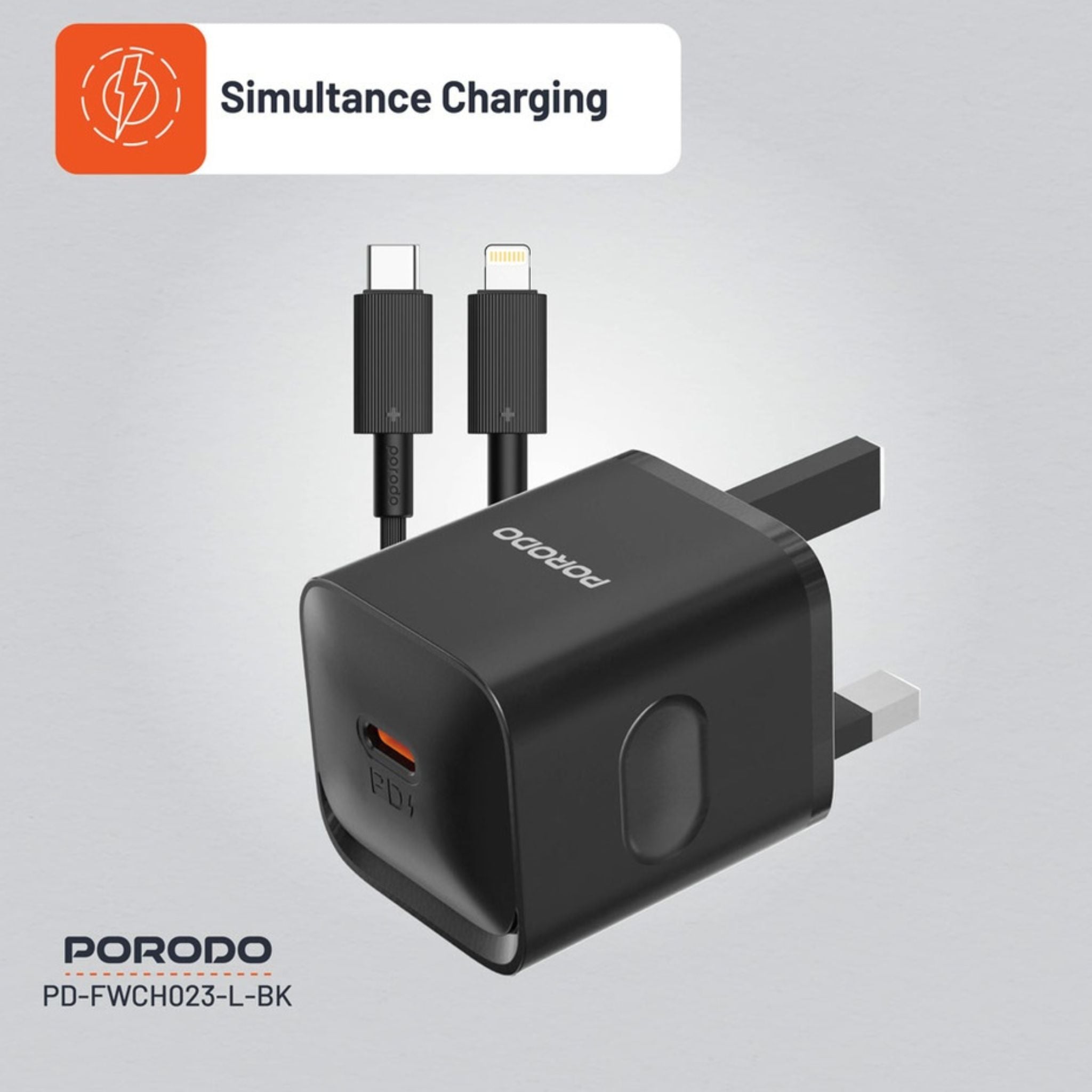Porodo USB-C Power Delivery Wall Charger with USB-C to Lightning Cable, 1.2m Cable Length, PD 20W, UK Plug, Over-Heat Protection, Reliable Companion, Simultaneous Charging - Black