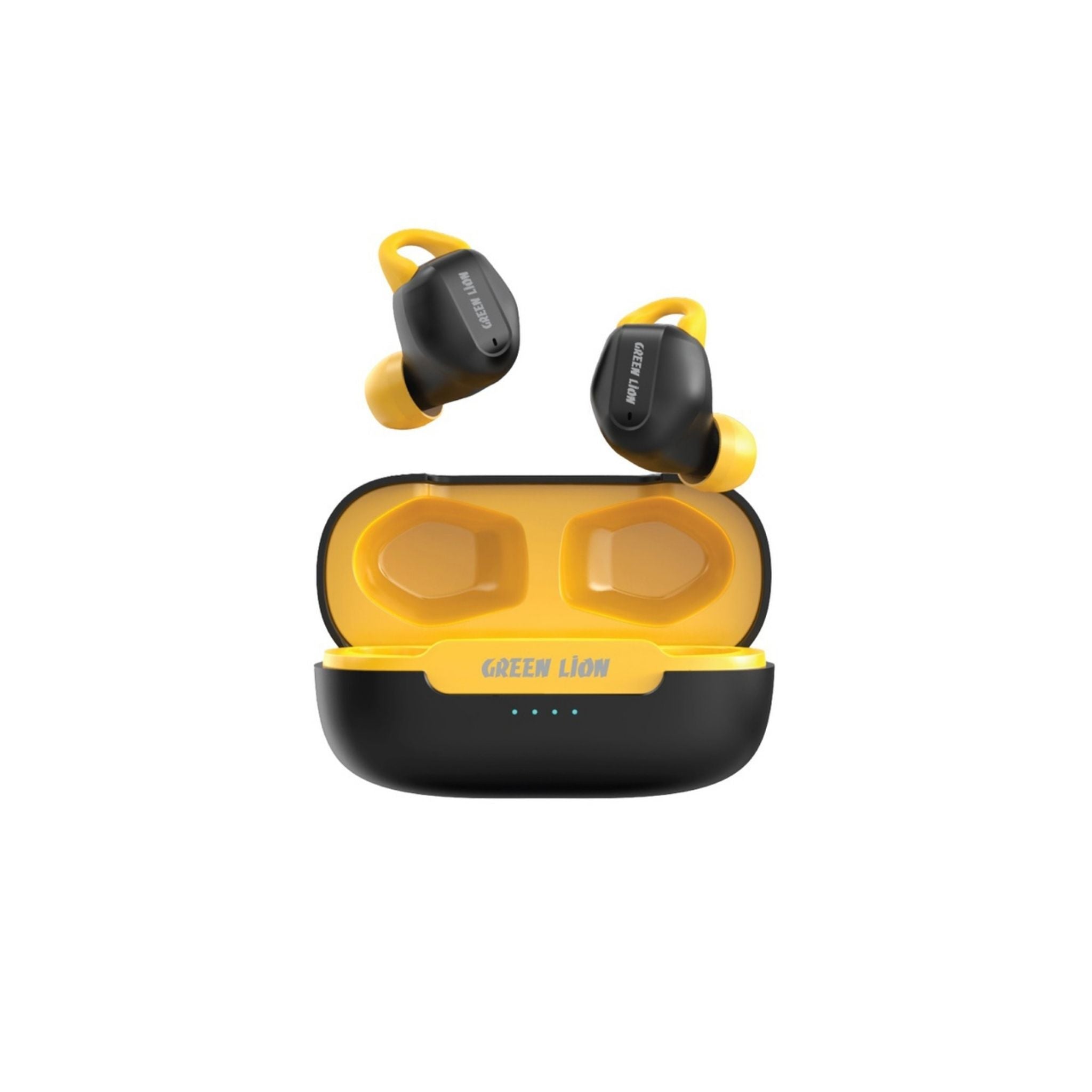The image shows a pair of black Green Lion Enduro wireless earbuds with a charging case in yellow.
