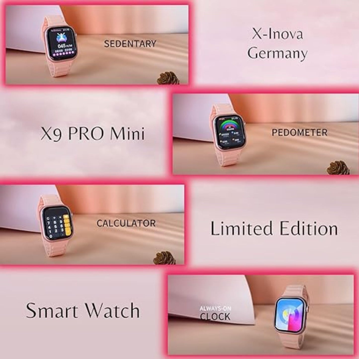 Premium X-Inova Germany X9 Pro Mini Smartwatch with 3 Pairs Strap_Pink
