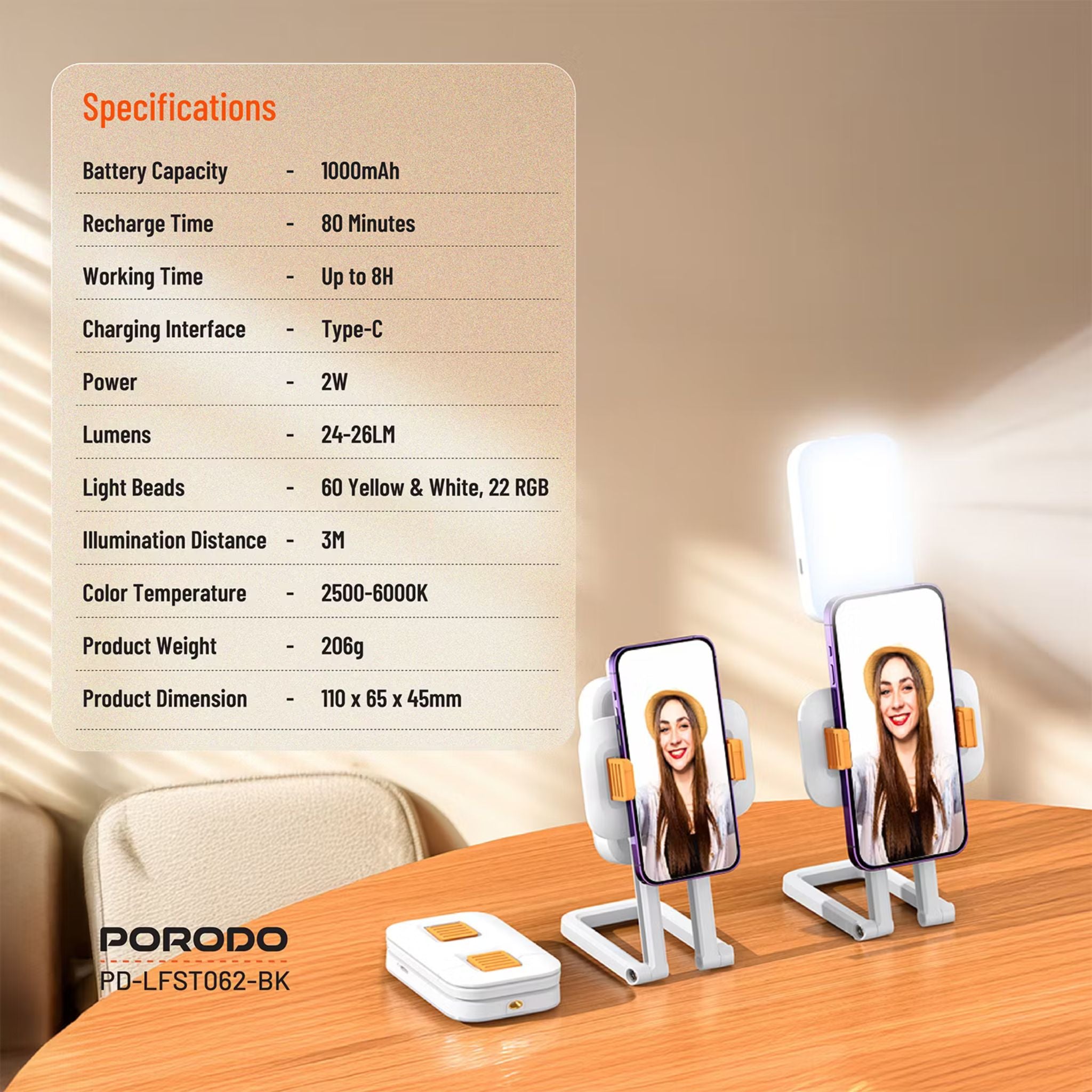 Porodo Lifestyle Phone Stand Fill Light, Lightweight & Compact Design, Up to 8 Hours Working Time, 3 Color Temperatures, Dynamic RGB Lights, Folding Design - White