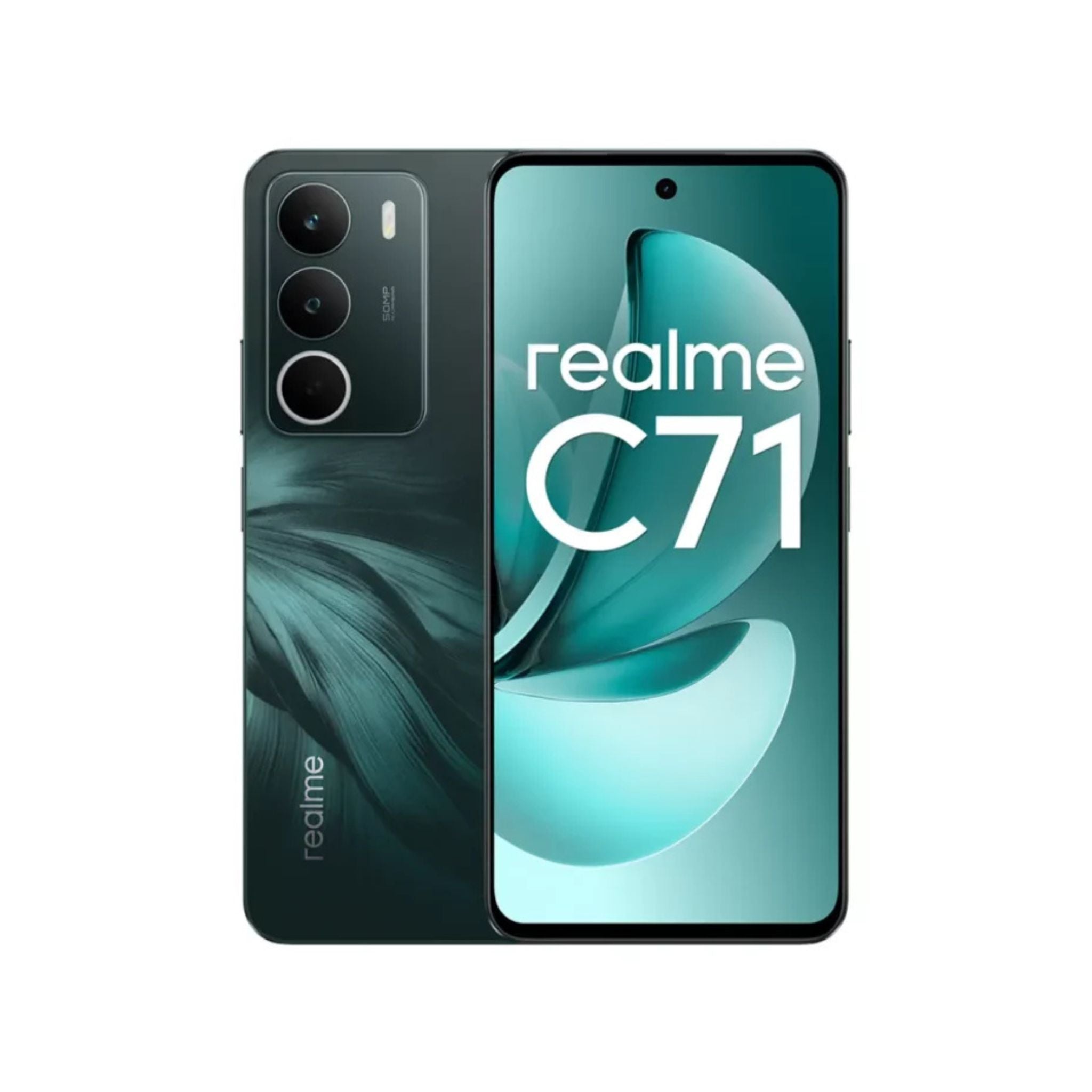 Realme C71 smartphone showing front and back on a white background