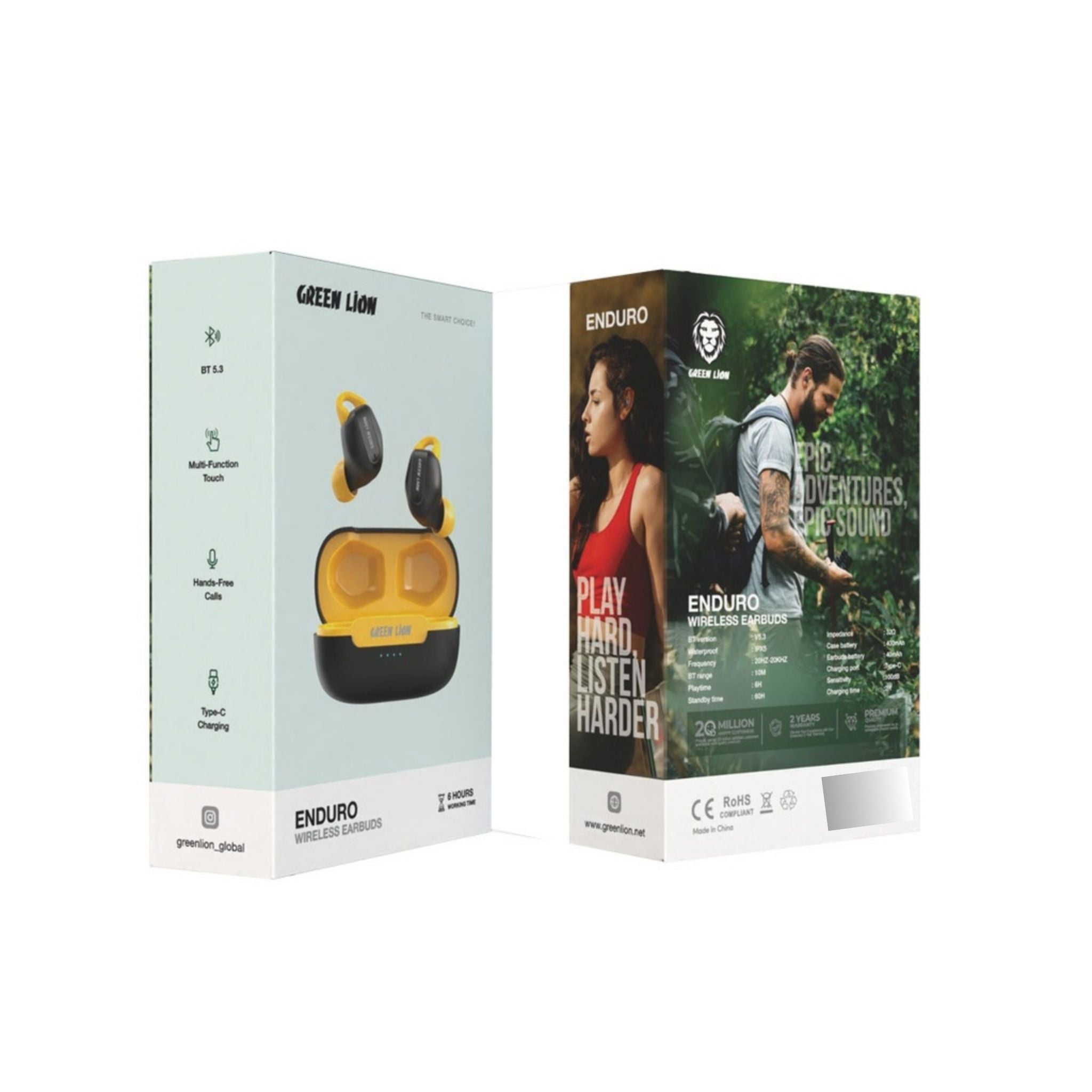 Green Lion Enduro Wireless Earbuds with 400mAh Case Battery, 60 Hours Standby Time, 2 Hours Charging Time, Type-C Charging Port, Bluetooth Version 5.3, 10m Bluetooth Range, Multi-Function Touch - Black