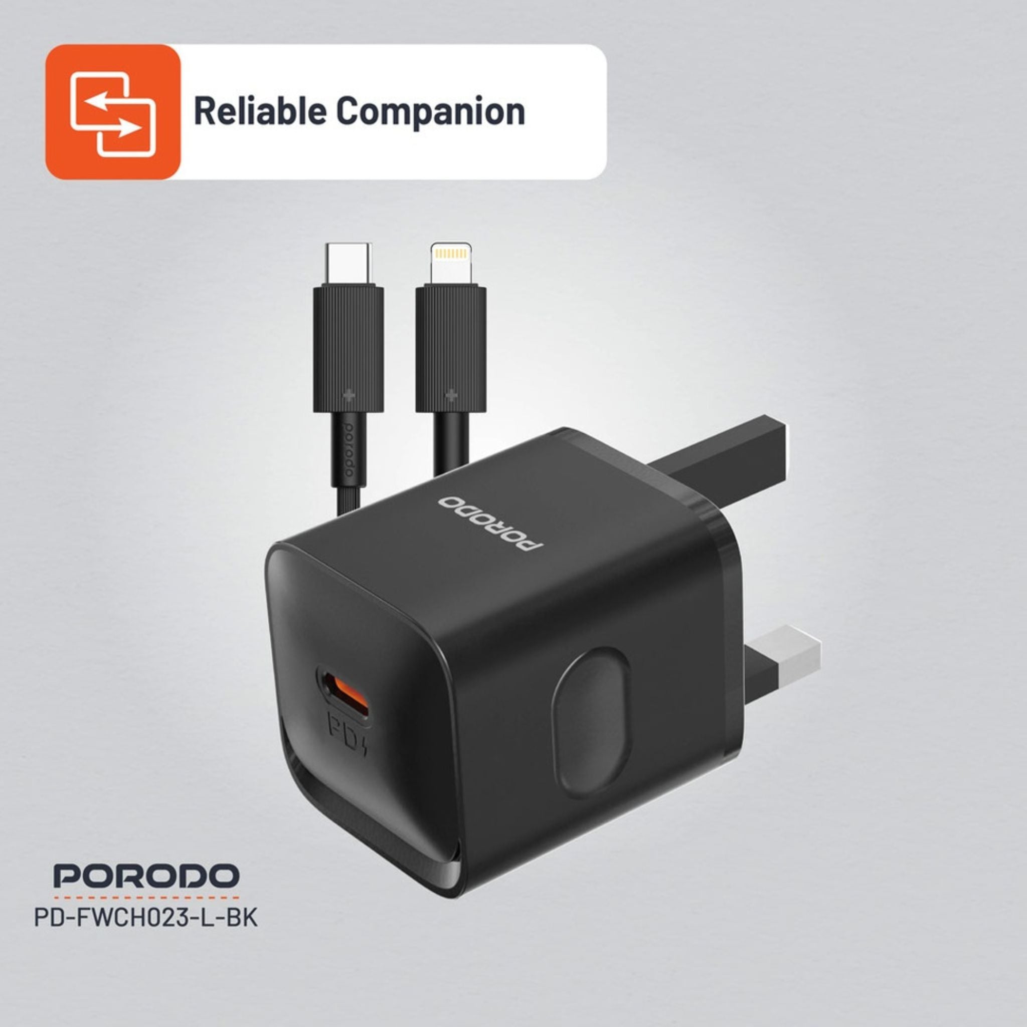 Porodo USB-C Power Delivery Wall Charger with USB-C to Lightning Cable, 1.2m Cable Length, PD 20W, UK Plug, Over-Heat Protection, Reliable Companion, Simultaneous Charging - Black