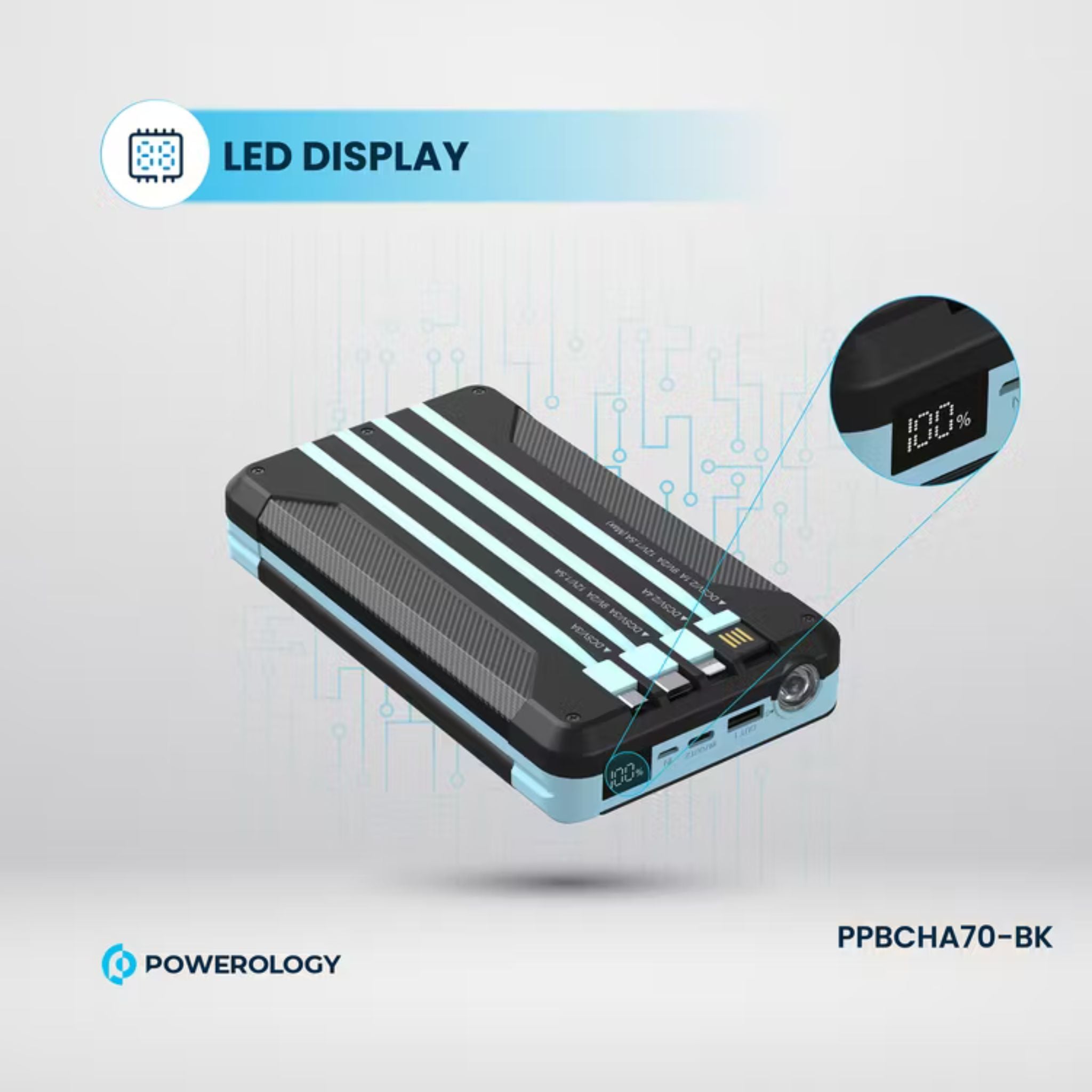 Powerology 16000 mAh Solar Multi-Cable Power Bank,PD 20W, Integrated Cables, Lithium Polymer Type, LED Display, Flashlight, - Black