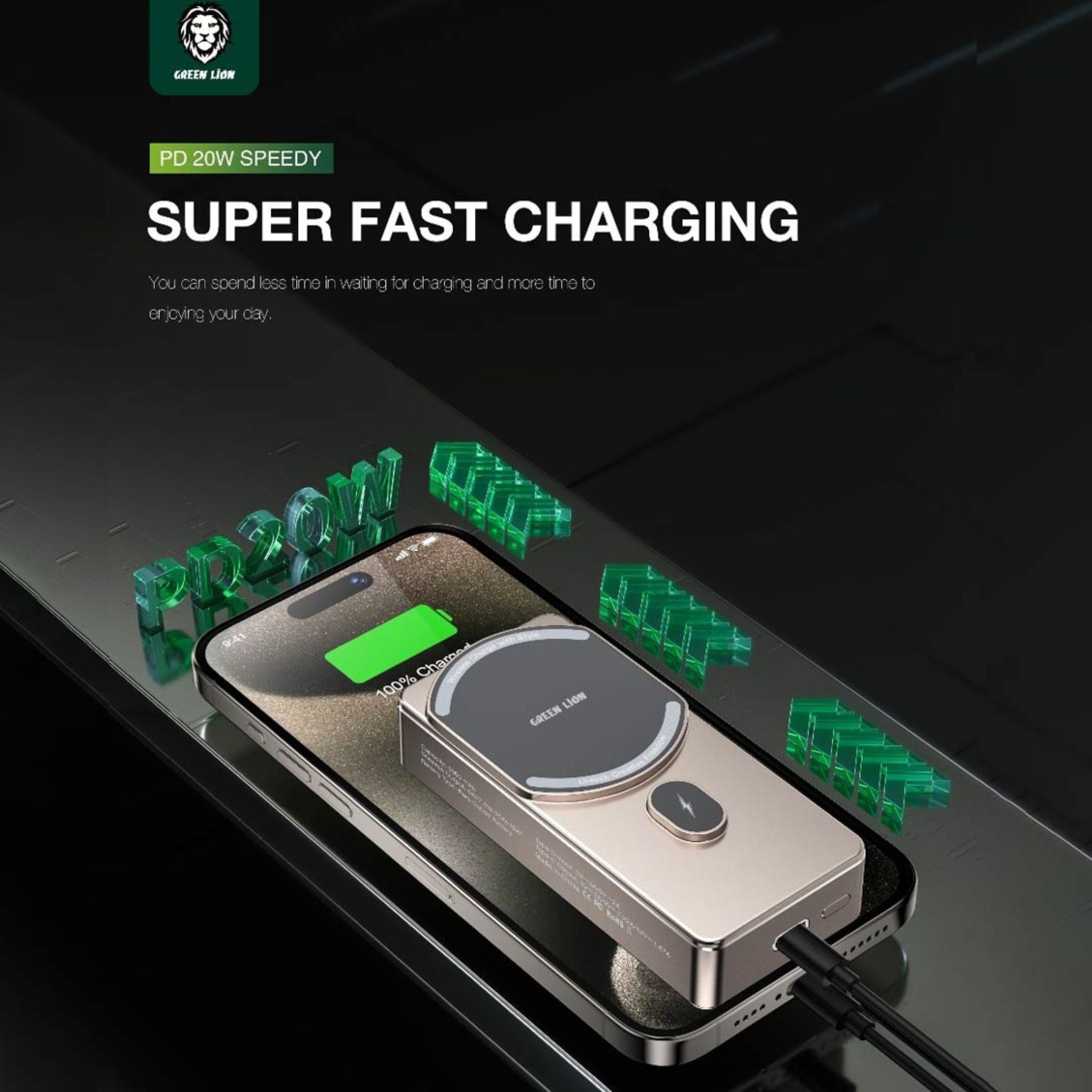 Green Lion 10000mAh Milton Power Bank, MagSafe Compatible, 15W Wireless Charging, LED Charge Indicator, Pure Cobalt Battery, Strong Magnets, Type-C Input Interface - Desert Titanium