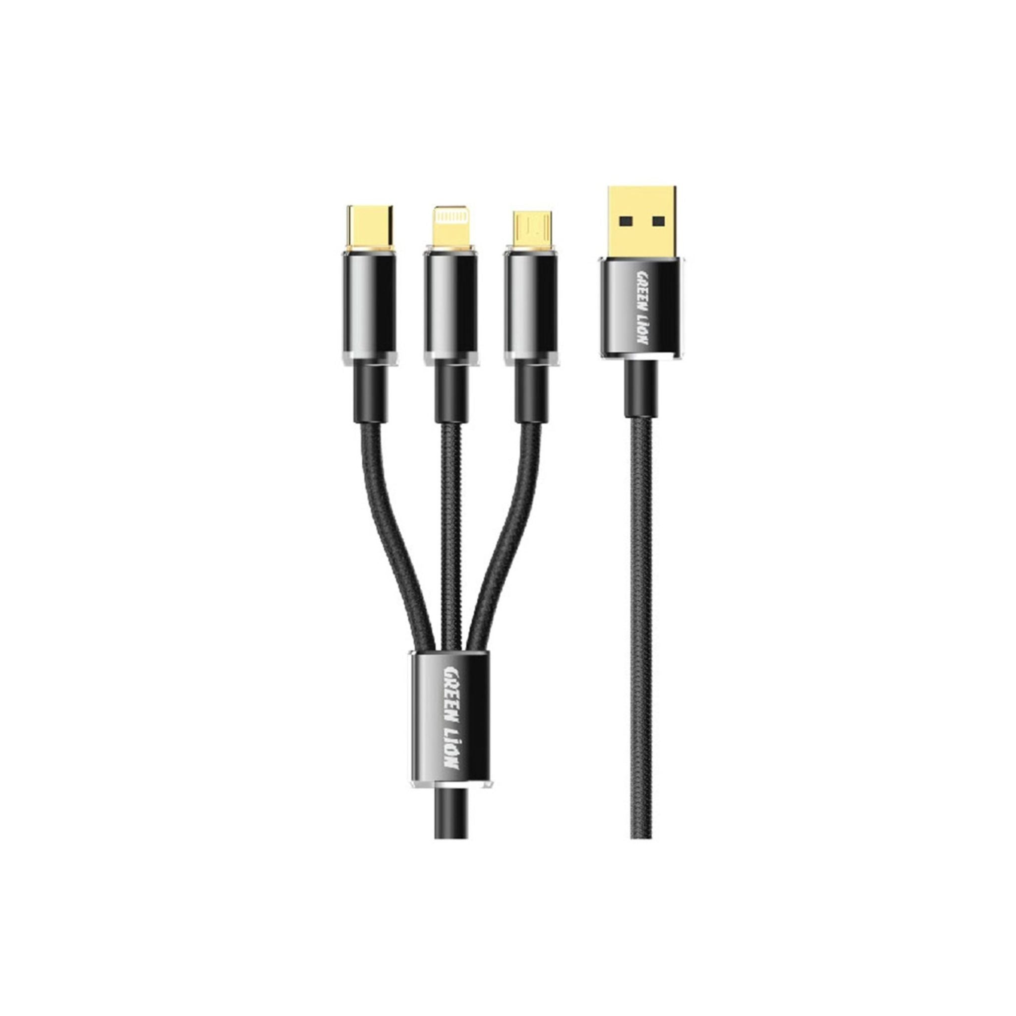 Green Lion Transparent 3-in-1 Cable with USB-A to USB-C + Lightning + Micro Connections, 1m Length, 480Mbps Transfer Speed, 3A Current, Quick Charge Capability, Wide Compatibility, Transparent Braided - Black