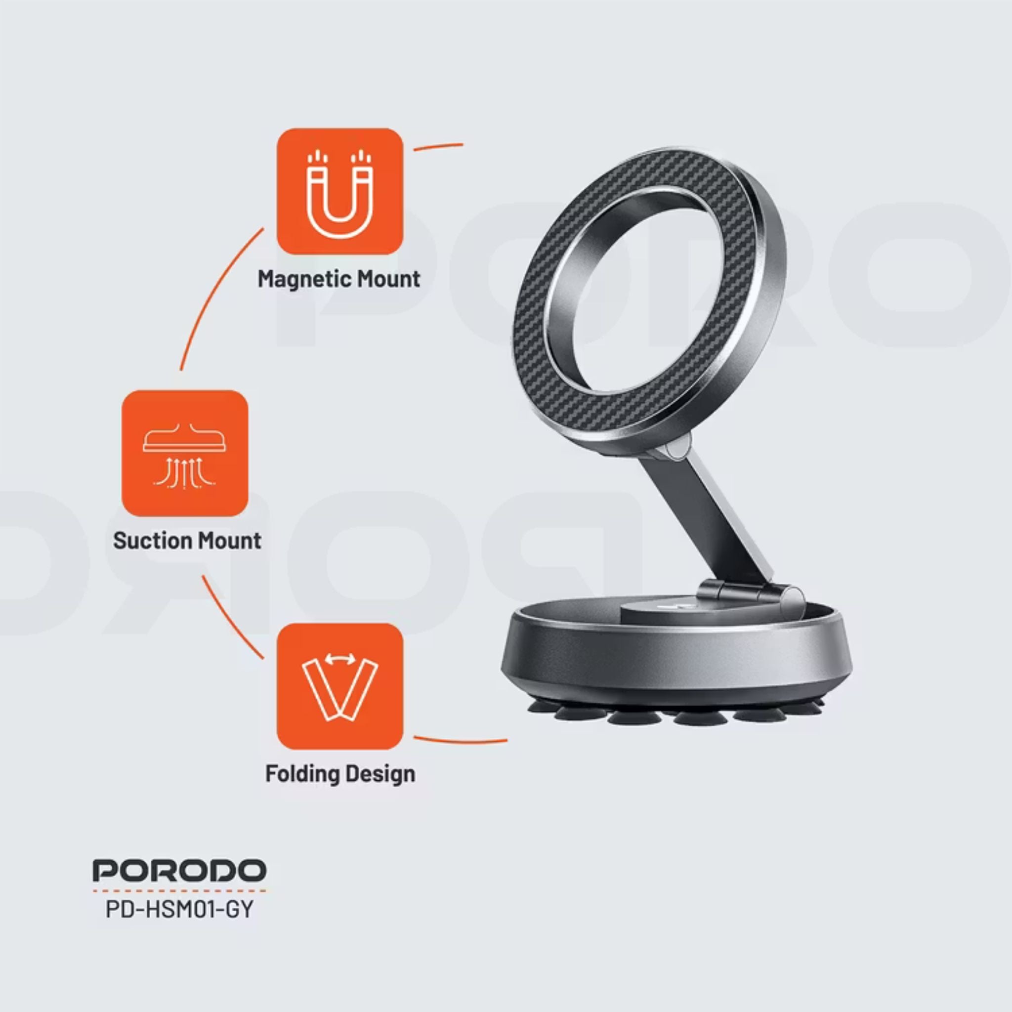 Porodo MagSafe Multi-Purpose Silicone Suction Phone Holder, Lightweight, Folding Design, 17 × N54 Magnets, 2000g Holding Force - Gray