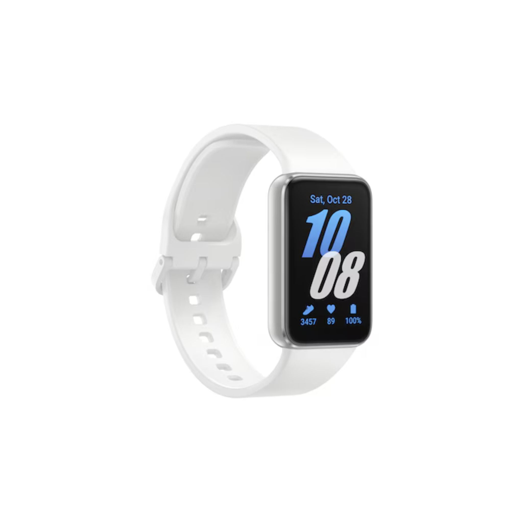White smartwatch with a digital display on a white background