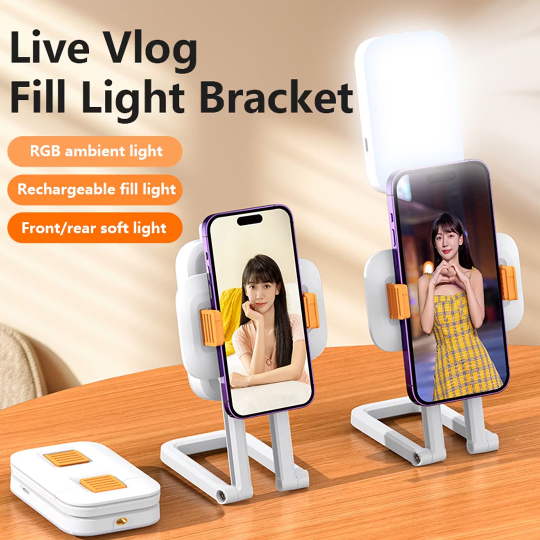 Porodo Lifestyle Phone Stand Fill Light, Lightweight & Compact Design, Up to 8 Hours Working Time, 3 Color Temperatures, Dynamic RGB Lights, Folding Design - White