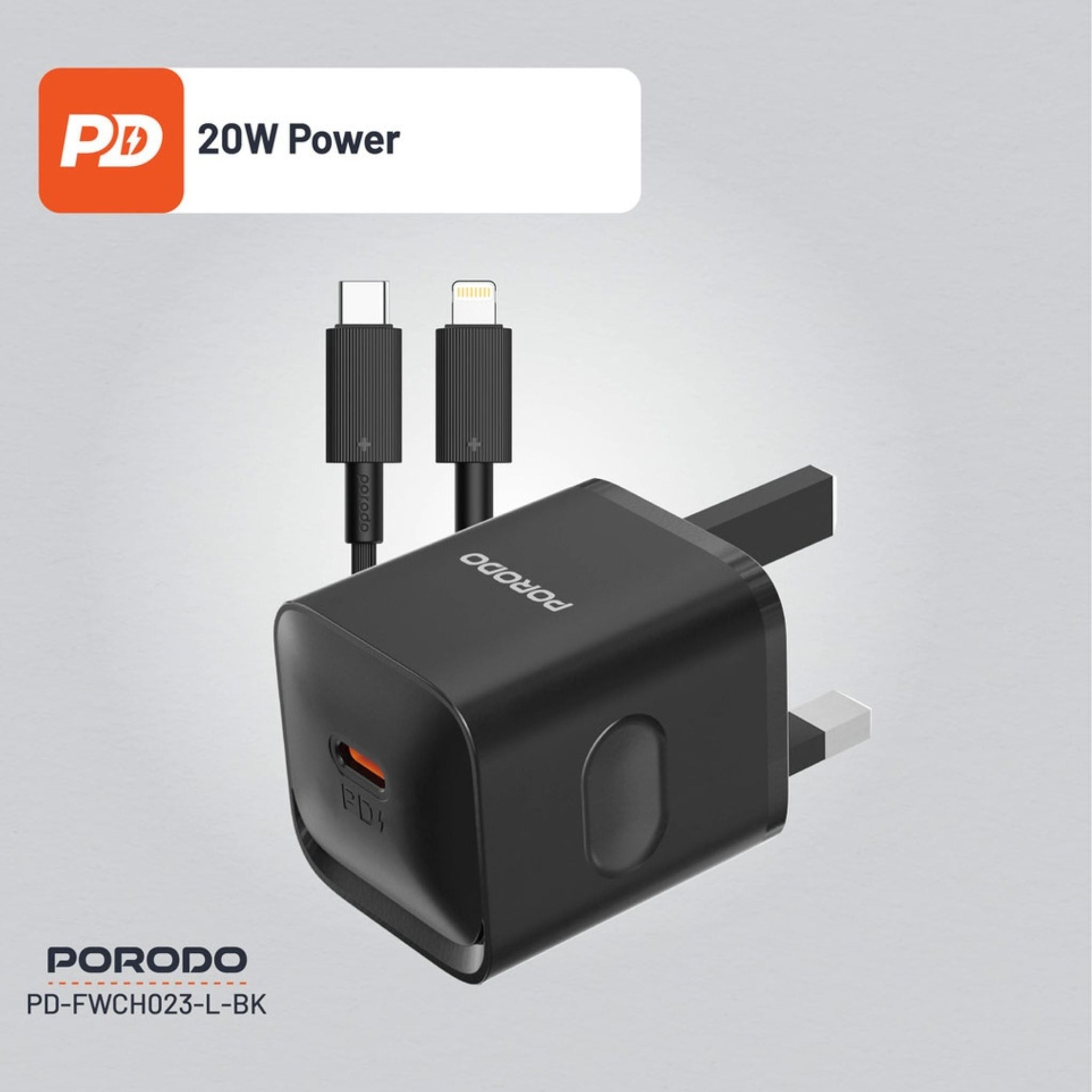 Porodo USB-C Power Delivery Wall Charger with USB-C to Lightning Cable, 1.2m Cable Length, PD 20W, UK Plug, Over-Heat Protection, Reliable Companion, Simultaneous Charging - Black