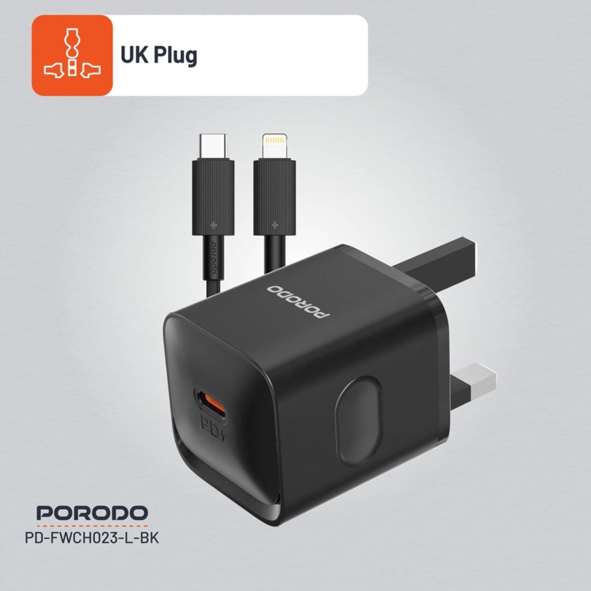 Porodo USB-C Power Delivery Wall Charger with USB-C to Lightning Cable, 1.2m Cable Length, PD 20W, UK Plug, Over-Heat Protection, Reliable Companion, Simultaneous Charging - Black