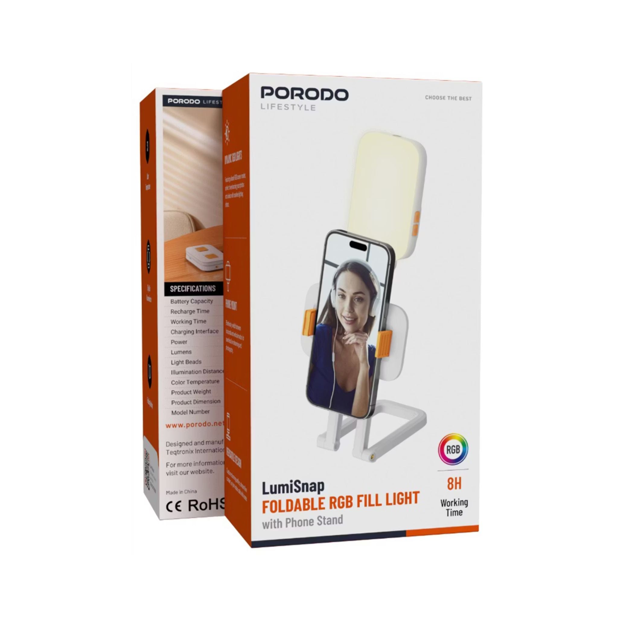 Porodo Lifestyle Phone Stand Fill Light, Lightweight & Compact Design, Up to 8 Hours Working Time, 3 Color Temperatures, Dynamic RGB Lights, Folding Design - White