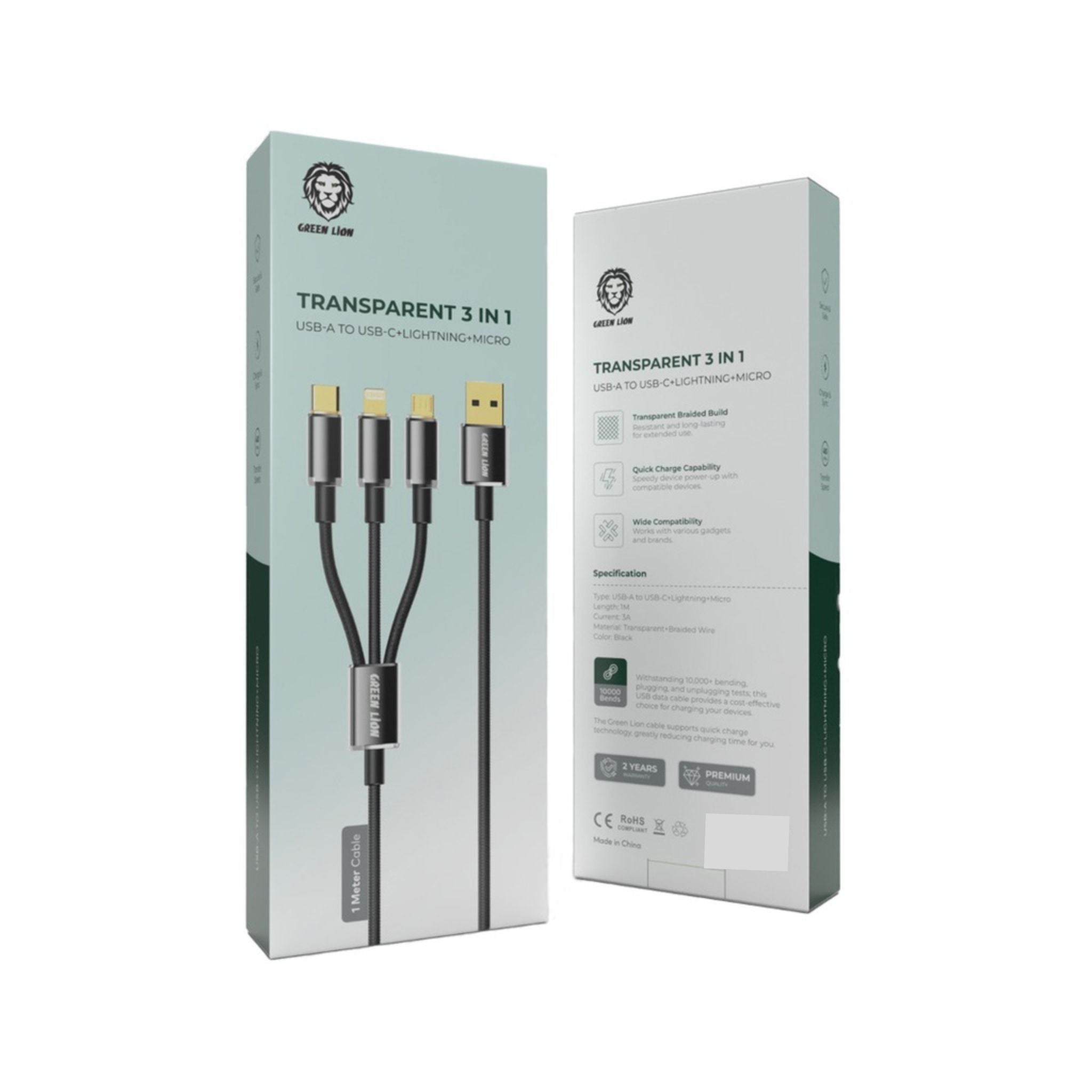 Green Lion Transparent 3-in-1 Cable with USB-A to USB-C + Lightning + Micro Connections, 1m Length, 480Mbps Transfer Speed, 3A Current, Quick Charge Capability, Wide Compatibility, Transparent Braided - Black