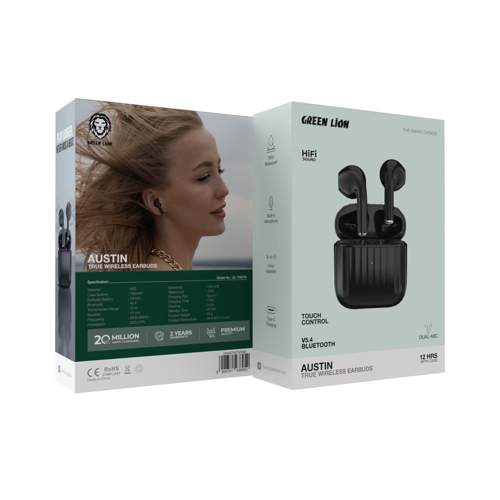 Green Lion Austin True Wireless Earbuds with Built-in Microphone, HiFi Sound, Dual-Mic, Touch Control, Voice Assistant, Type-C Charging, 3 Hours Playtime - Black