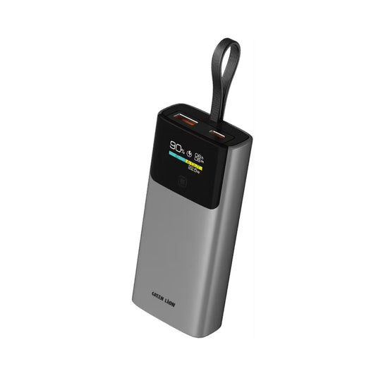 Green Lion Voltix 10000mAh Power Bank with TFT Display, Exquisite Appearance, Type-C Cable Strap, Fast Charging, Lightweight Design, 22.5W Total Output - Gray
