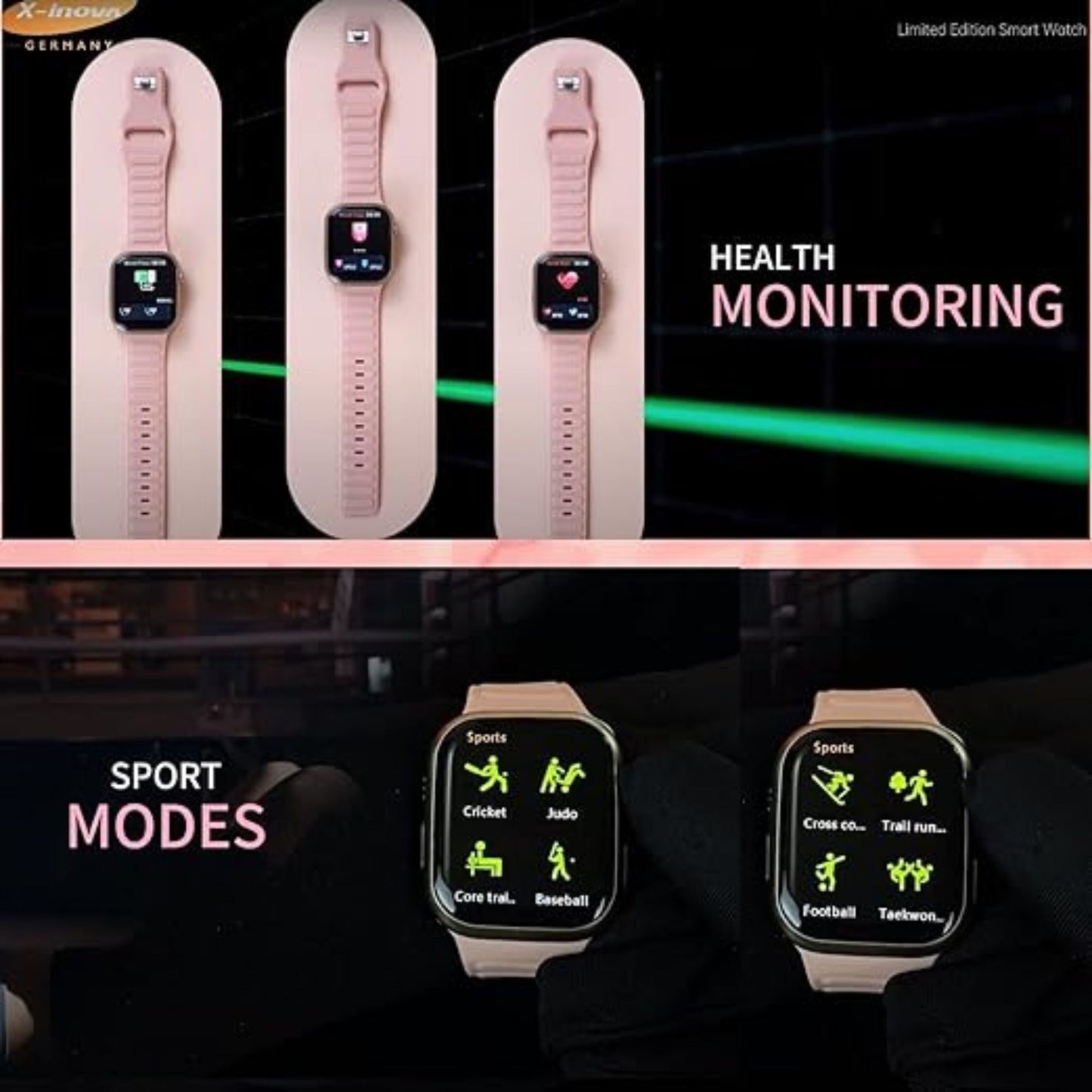 Premium X-Inova Germany X9 Pro Mini Smartwatch with 3 Pairs Strap_Pink