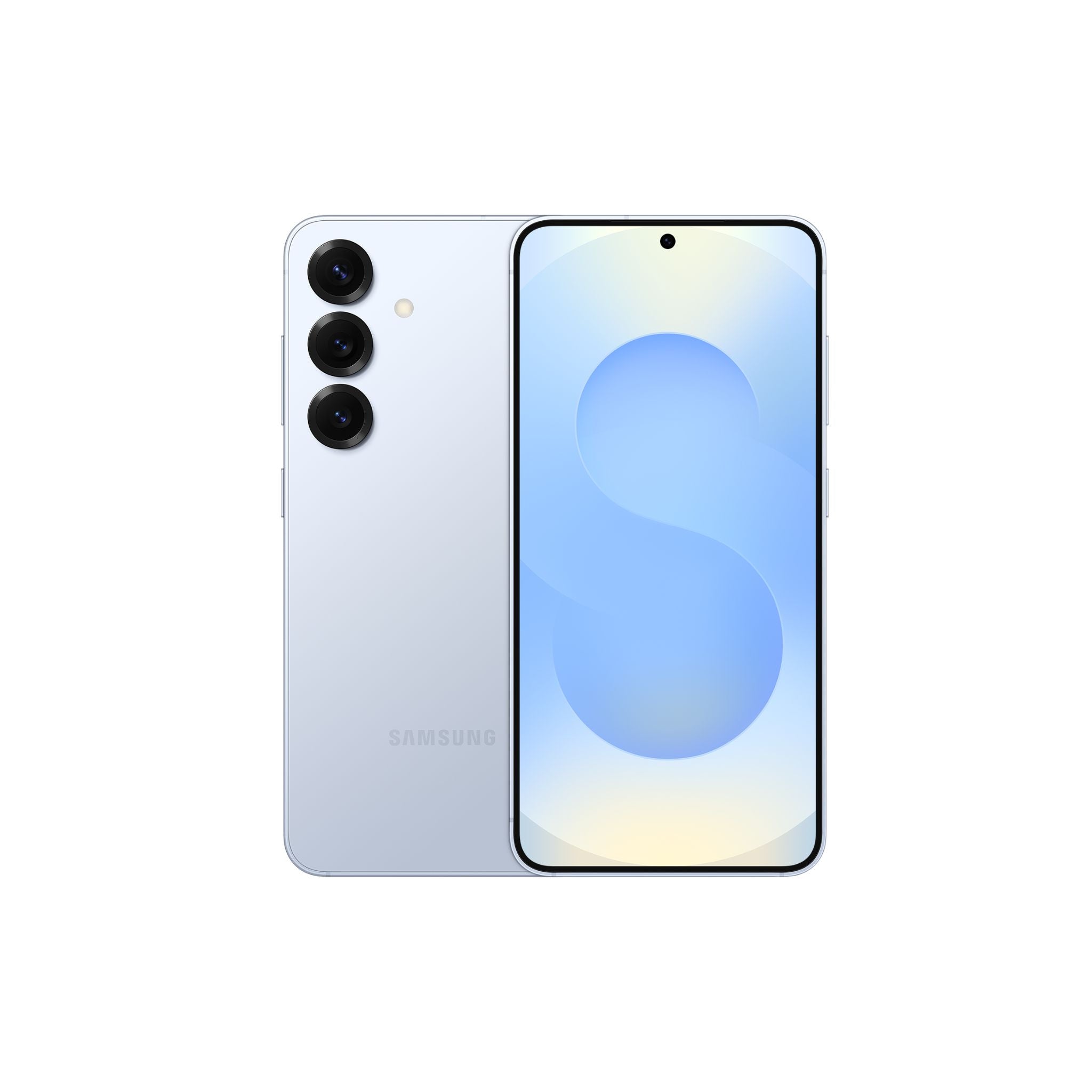 SAMSUNG Galaxy S25 smartphone in icyblue color, displaying its front screen and rear camera setup.