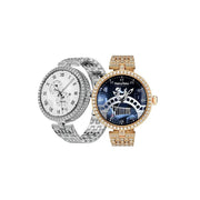 Two Haino Teko smartwatches with a gold case and silver straps, featuring a analog-digital hybrid display and adorned with jewelry-like accents.