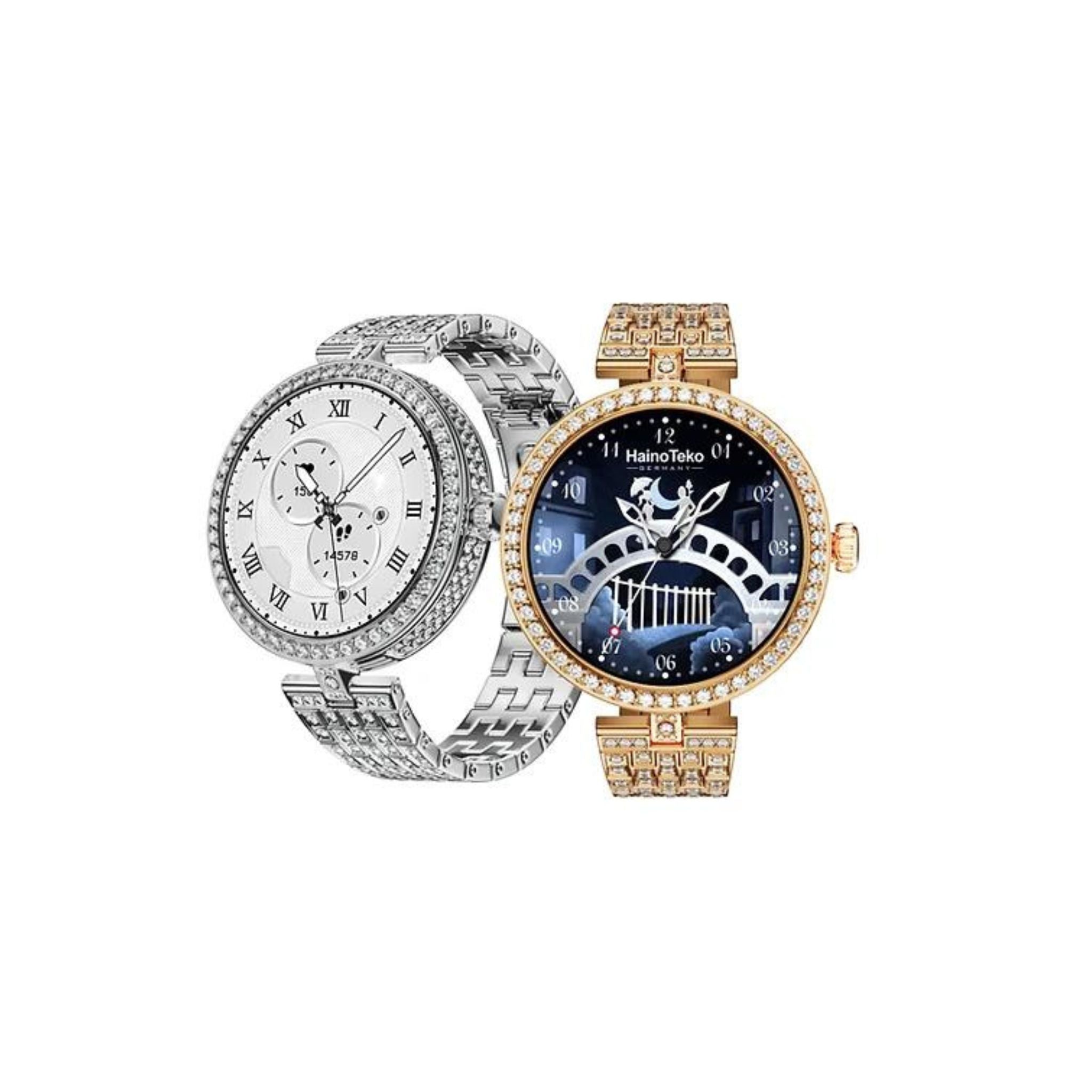 Two Haino Teko smartwatches with a gold case and silver straps, featuring a analog-digital hybrid display and adorned with jewelry-like accents.