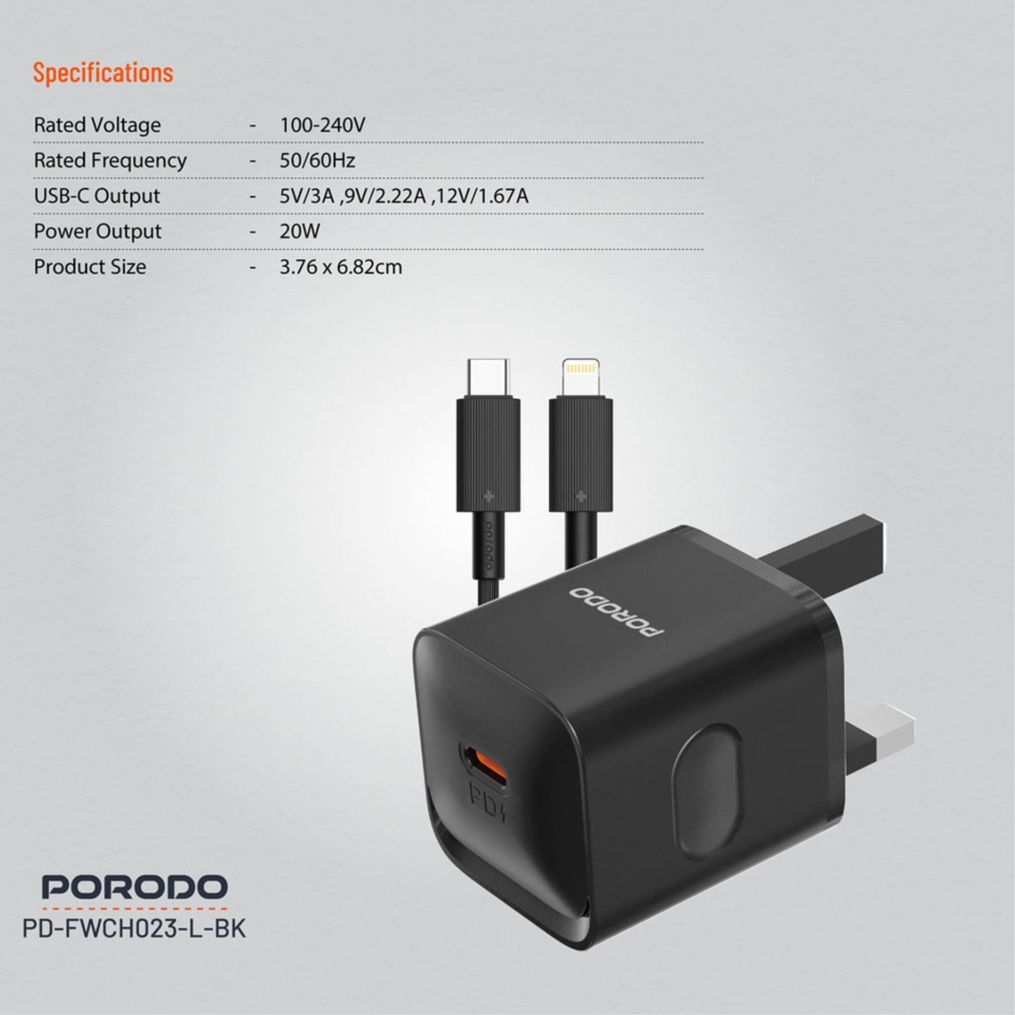 Porodo USB-C Power Delivery Wall Charger with USB-C to Lightning Cable, 1.2m Cable Length, PD 20W, UK Plug, Over-Heat Protection, Reliable Companion, Simultaneous Charging - Black