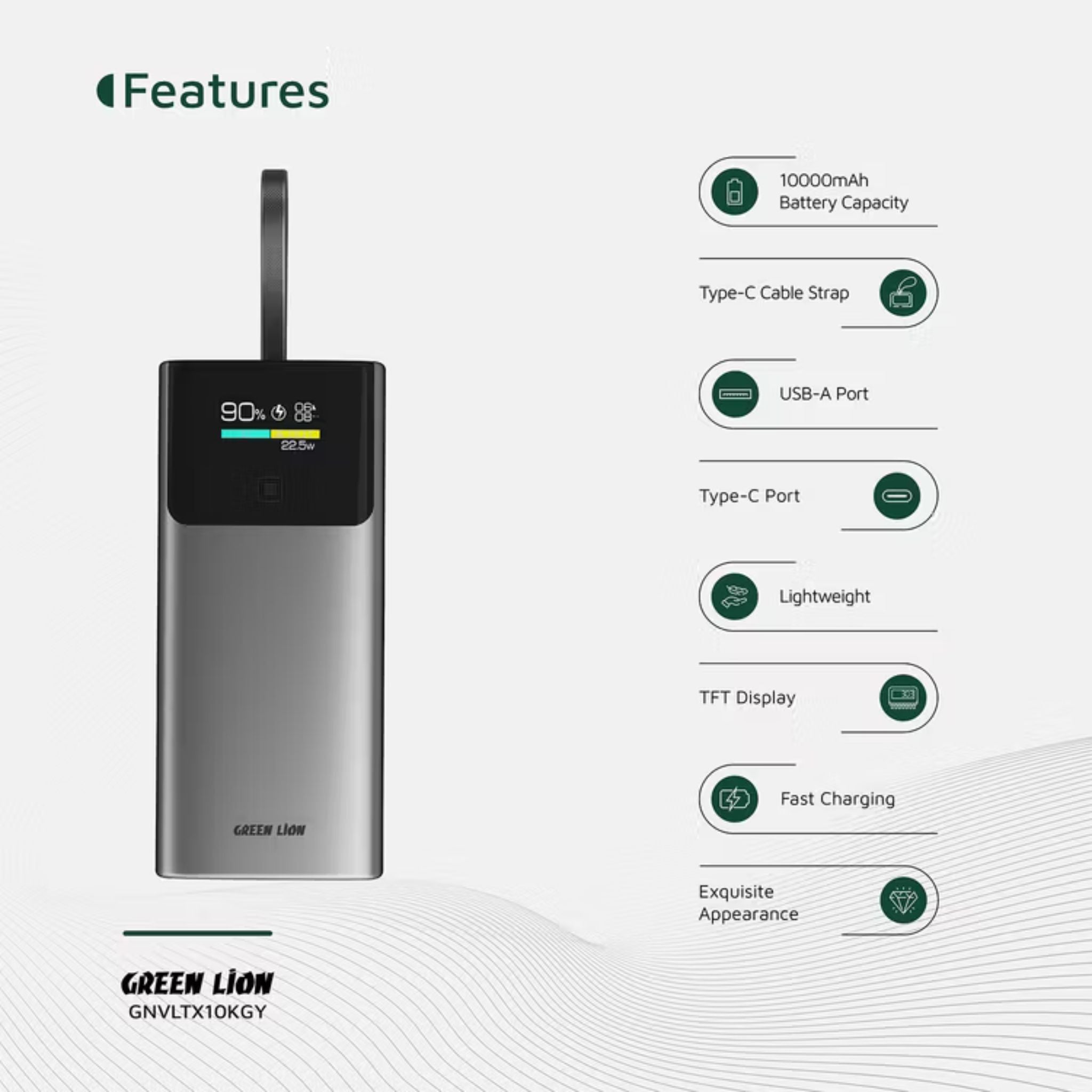 Green Lion Voltix 10000mAh Power Bank with TFT Display, Exquisite Appearance, Type-C Cable Strap, Fast Charging, Lightweight Design, 22.5W Total Output - Gray