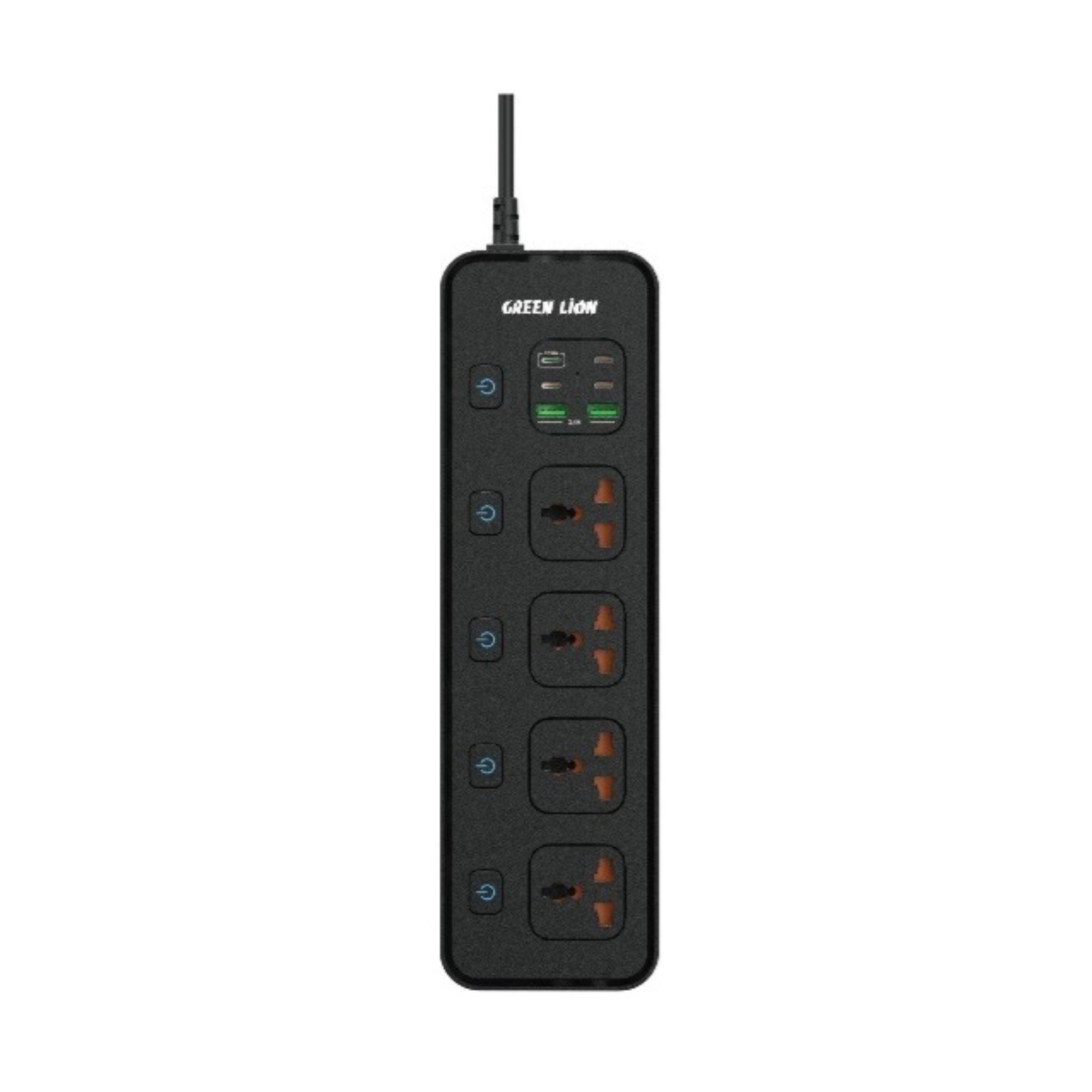 A black Green Lion PD 30W power socket with four power outlets and multiple USB ports, including USB-A and USB-C, on a white background.