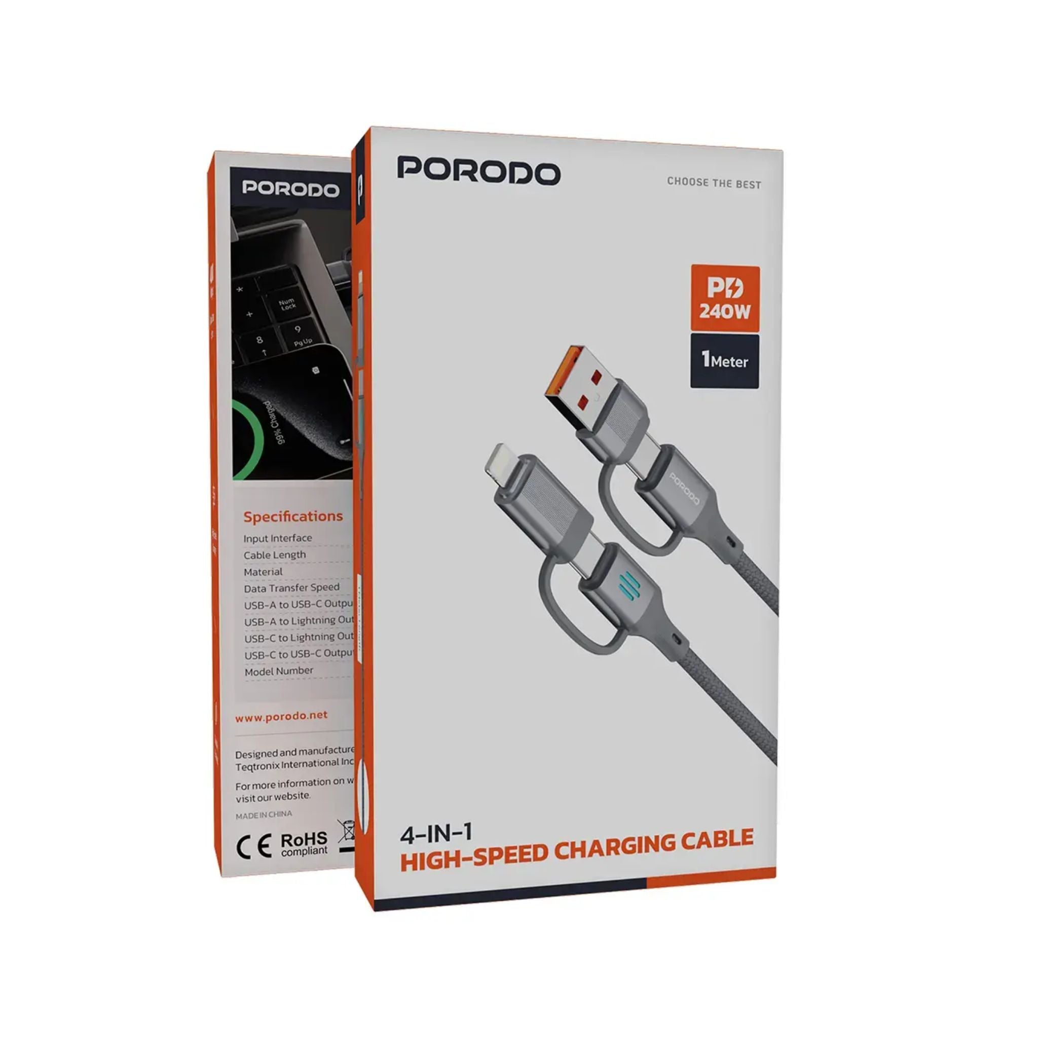 Porodo 4 in1 PD 240W High Speed Charging 1m Cable / USB-C, USB-A & Lightning Input Interface / 480Mbps Rapid Data Sync / Enhanced Durability / Aluminum Alloy Material - Grey