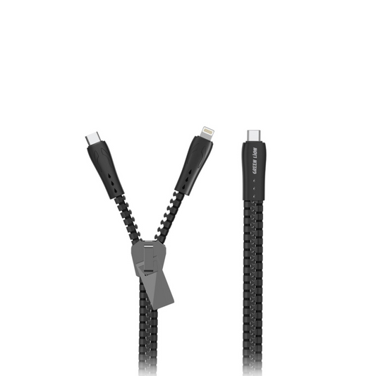 Green Lion 2 in 1 Zipper Cable ( Type-C to Lightning/Type-C ) 85CM - Black