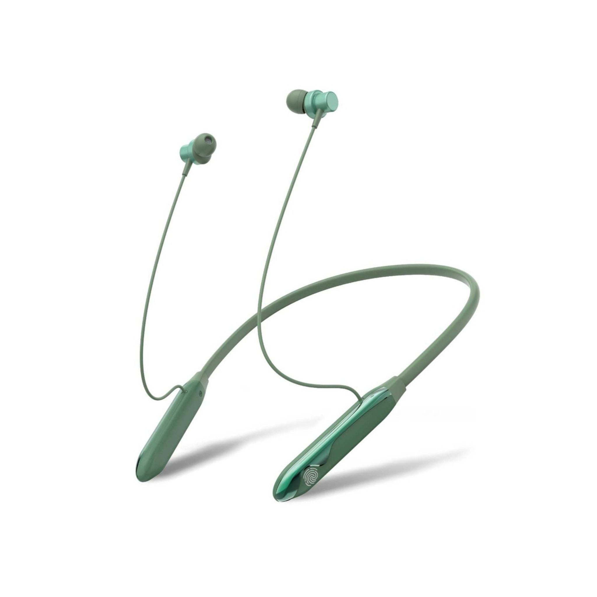 Green Lion Wireless Neck Band Headphone with control buttons and a microphone, featuring a transmission range and charging indication.
