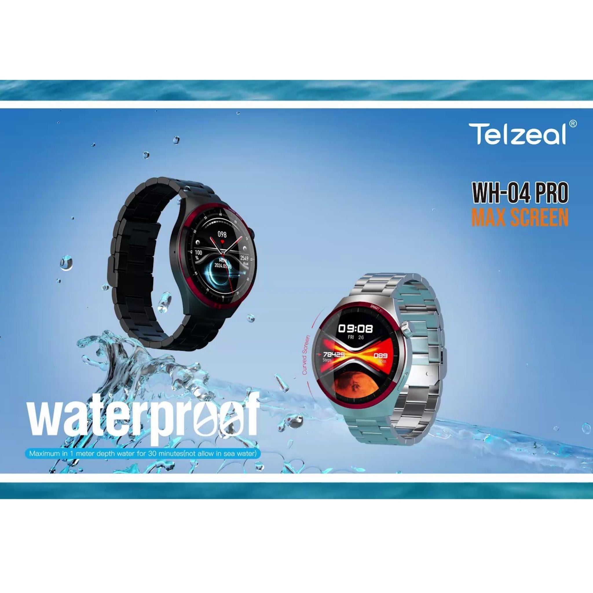 Telzeal WH 04 Pro Max Screen Waterproof Smartwatch With Curved Display 3 Pair Straps and Charging Cable Designed for Mens and Boys - Black