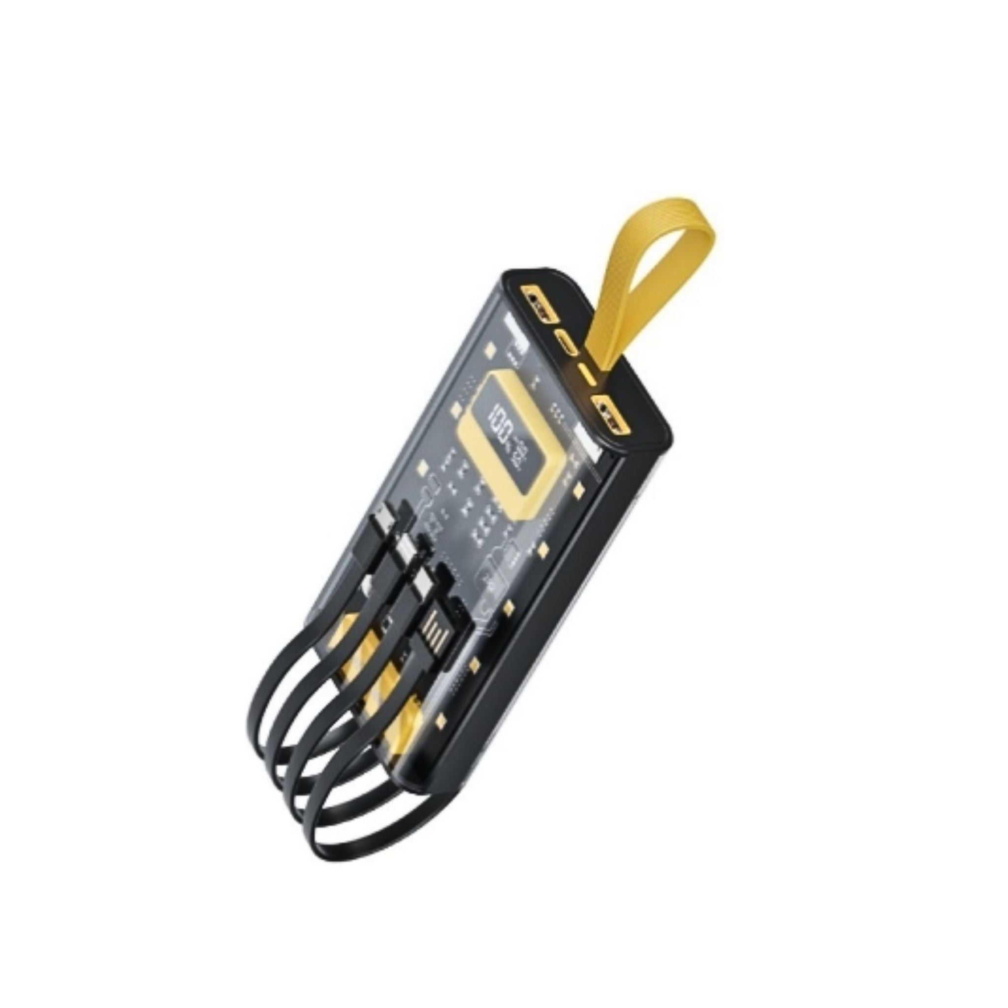 A black and yellow Green Lion power bank with a digital display and multiple port options, including USB and Lightning, against a white background.