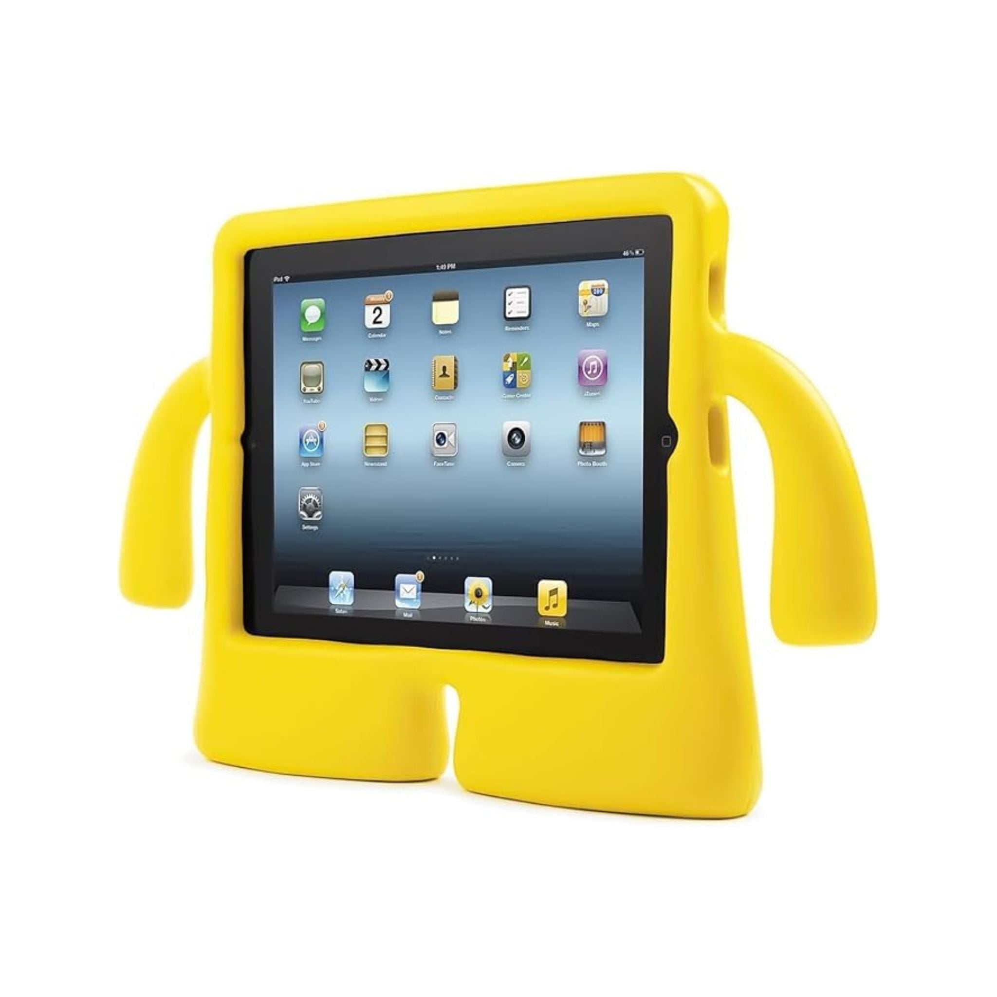 Yellow tablet stand with a tablet on a white background