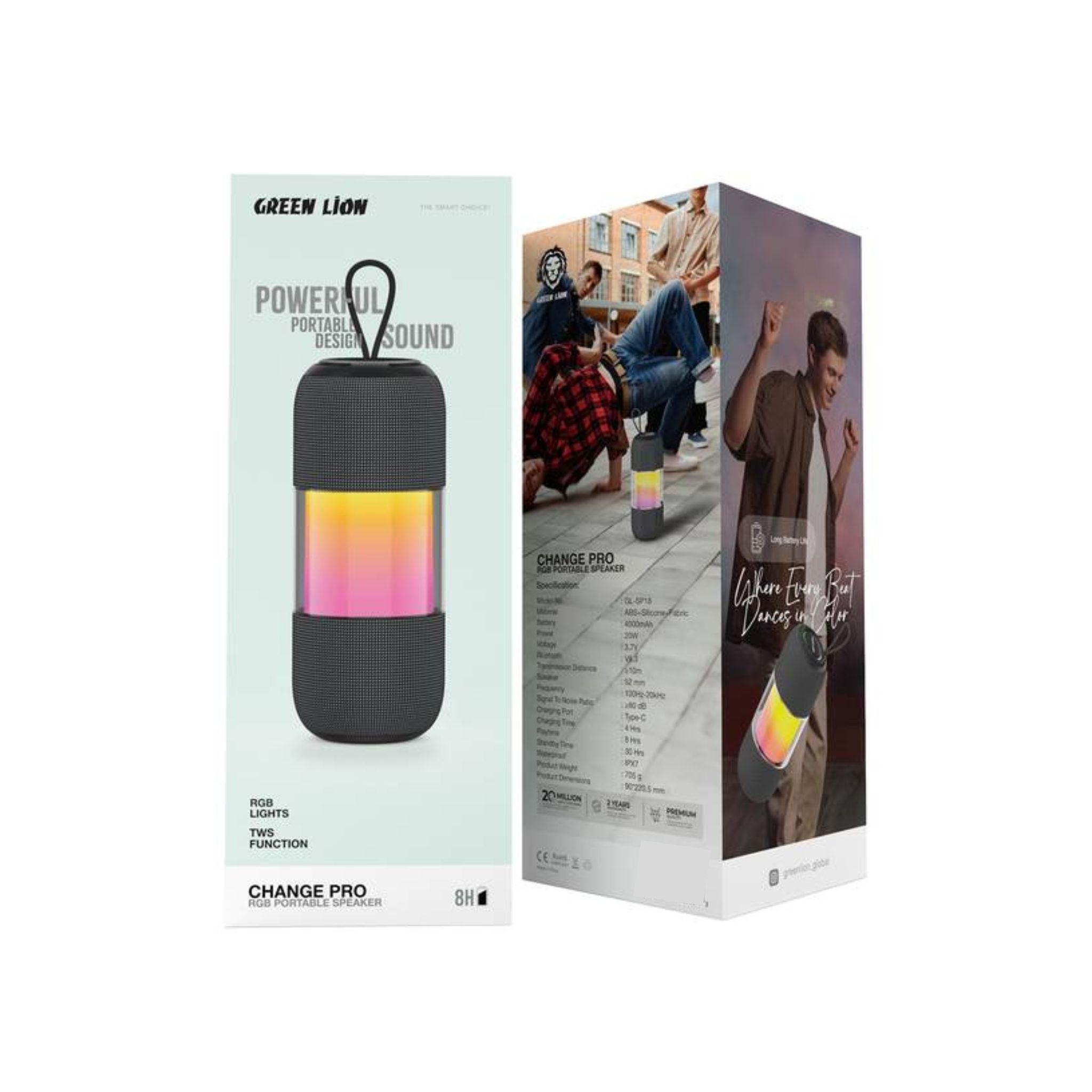 Green Lion Change Pro RGB Portable Speaker with True Wireless Stereo Function, 360° Audio, IPX7 Waterproof, 6 Hours Playtime, Extra Bass - Black