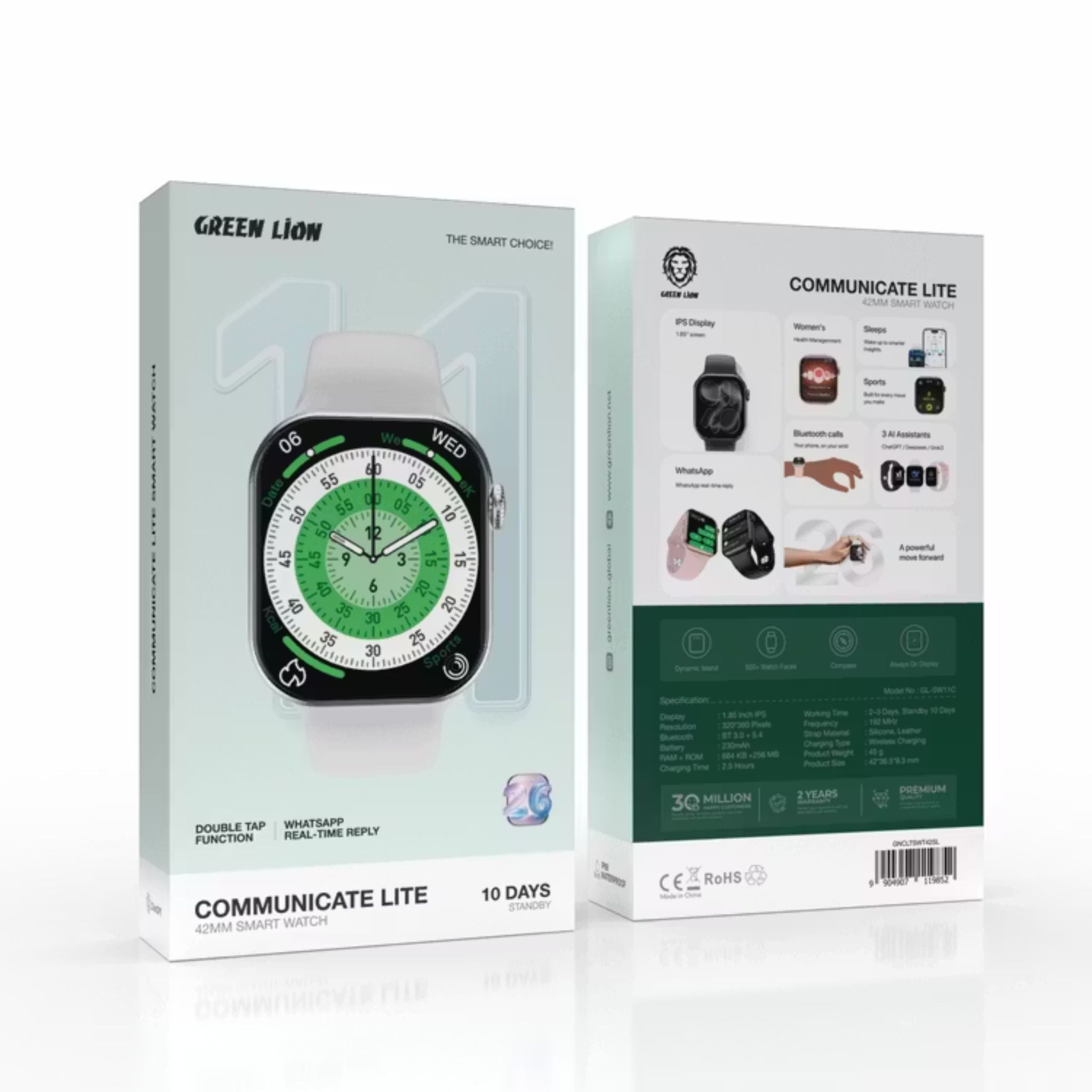 Green Lion Communicate Lite 42mm Smartwatch, 1.85” IPS Display, 230mAh Battery, 2–3 Days Use, 10-Day Standby, Bluetooth 3.0+5.4, Wireless Charging, Double Tap Function, Dynamic Island, Always-On Display, 500+ Watch Faces -Silver