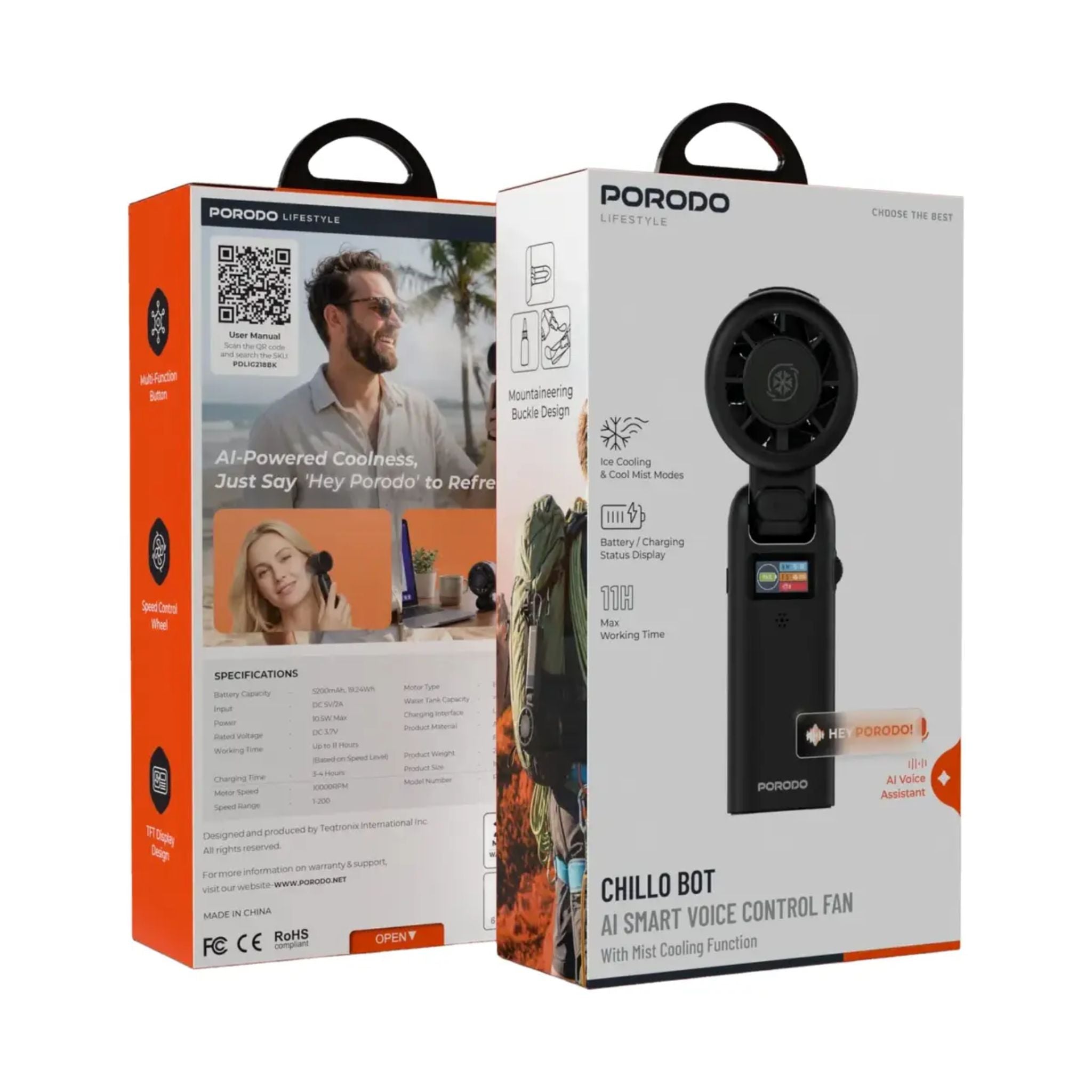 Porodo Lifestyle Chillo Bot AI Smart Voice Control Fan with mist Cooling Function - Black