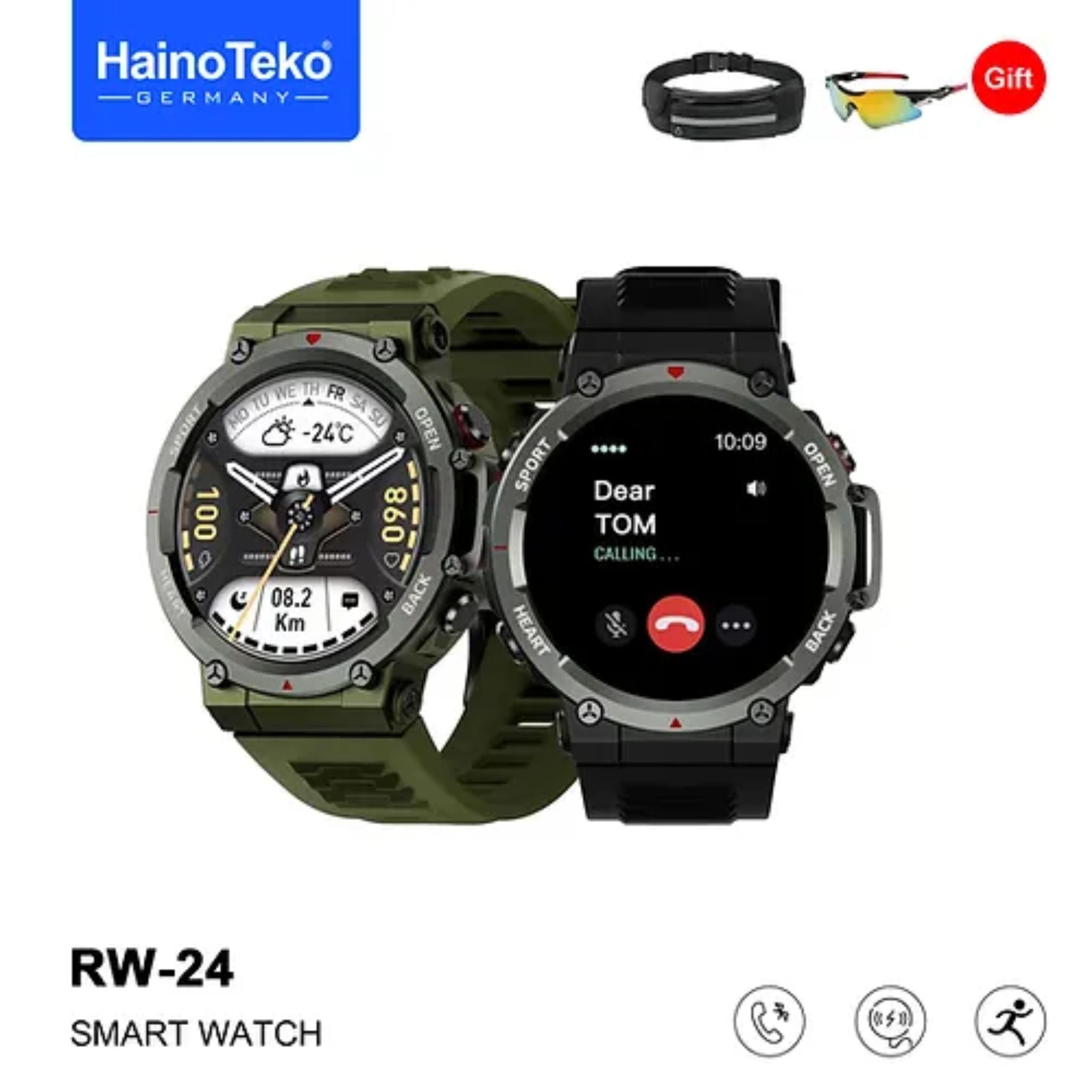 Premium Haino Teko Germany Sports Smart Watch RW-24 with Bluetooth Call-Green