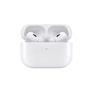 White wireless earbuds in a charging case on a white background