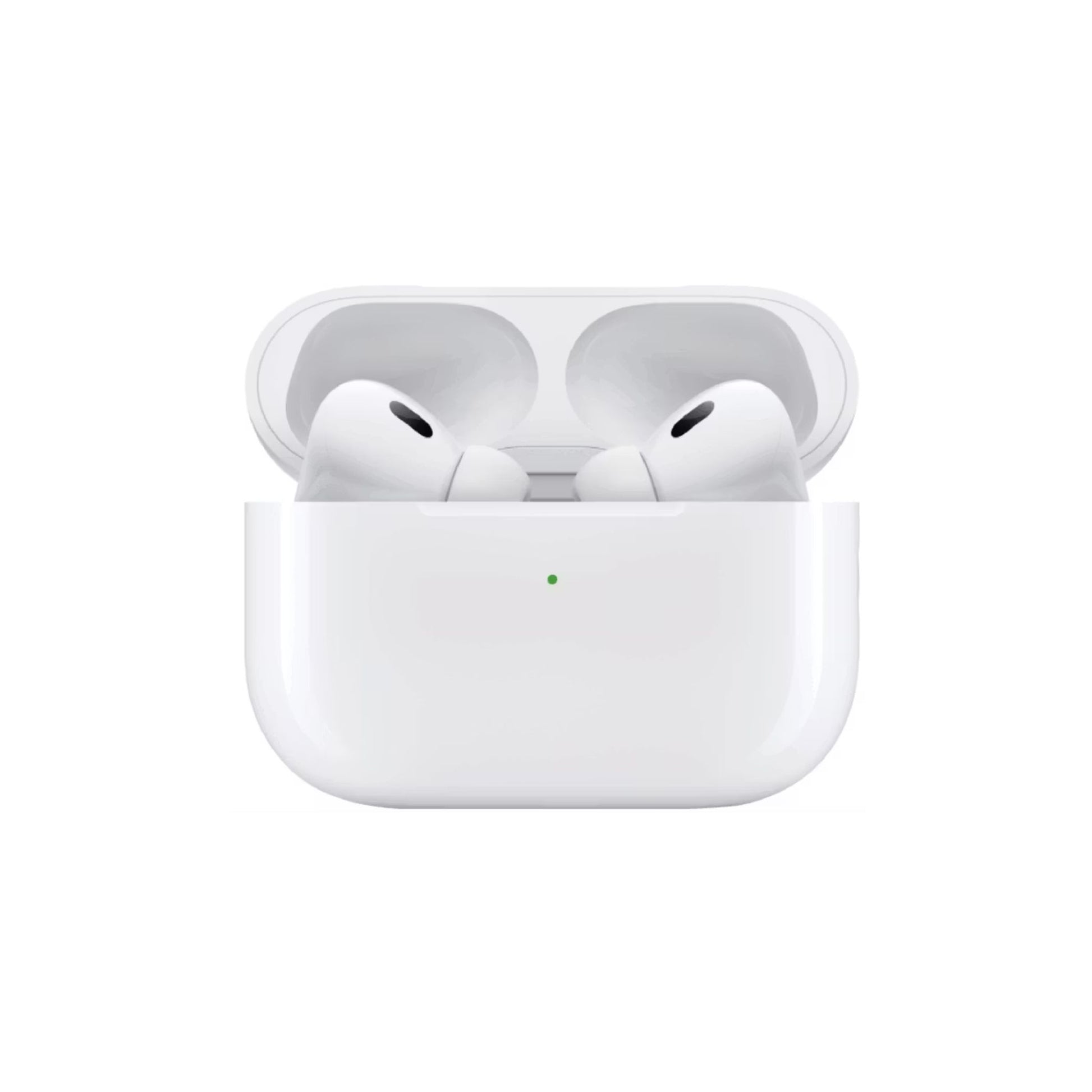 White wireless earbuds in a charging case on a white background