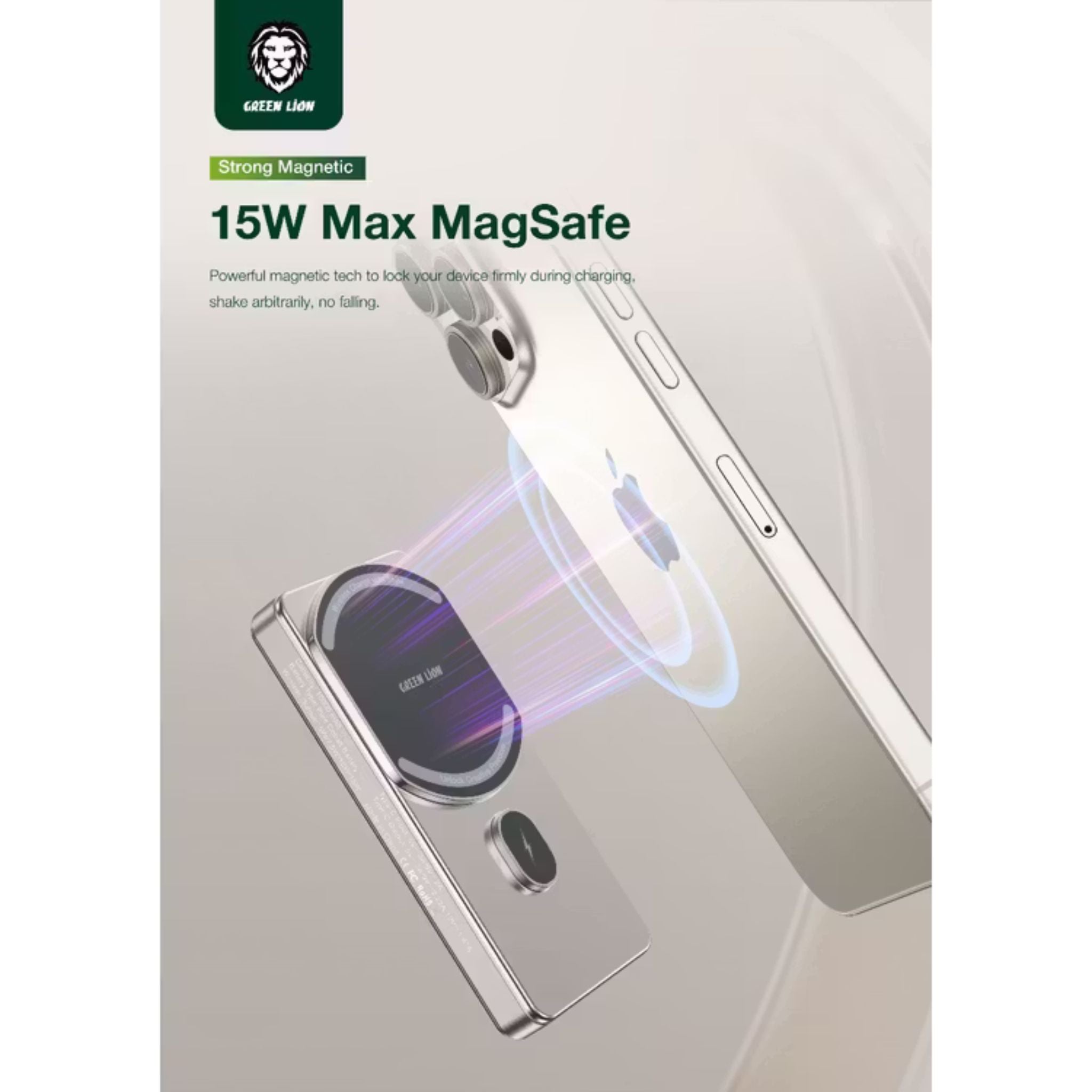 Green Lion 10000mAh Milton Power Bank, MagSafe Compatible, 15W Wireless Charging, LED Charge Indicator, Pure Cobalt Battery, Strong Magnets, Type-C Input Interface - Desert Titanium