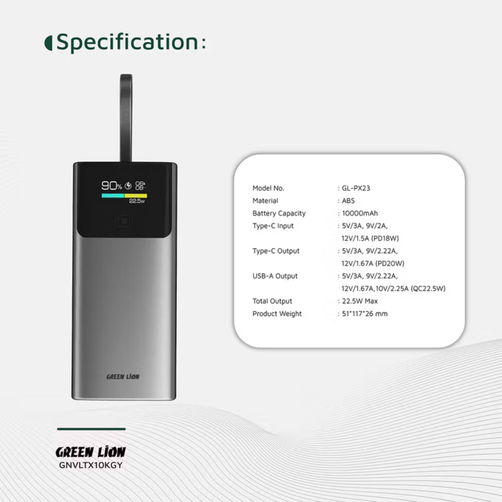 Green Lion Voltix 10000mAh Power Bank with TFT Display, Exquisite Appearance, Type-C Cable Strap, Fast Charging, Lightweight Design, 22.5W Total Output - Gray