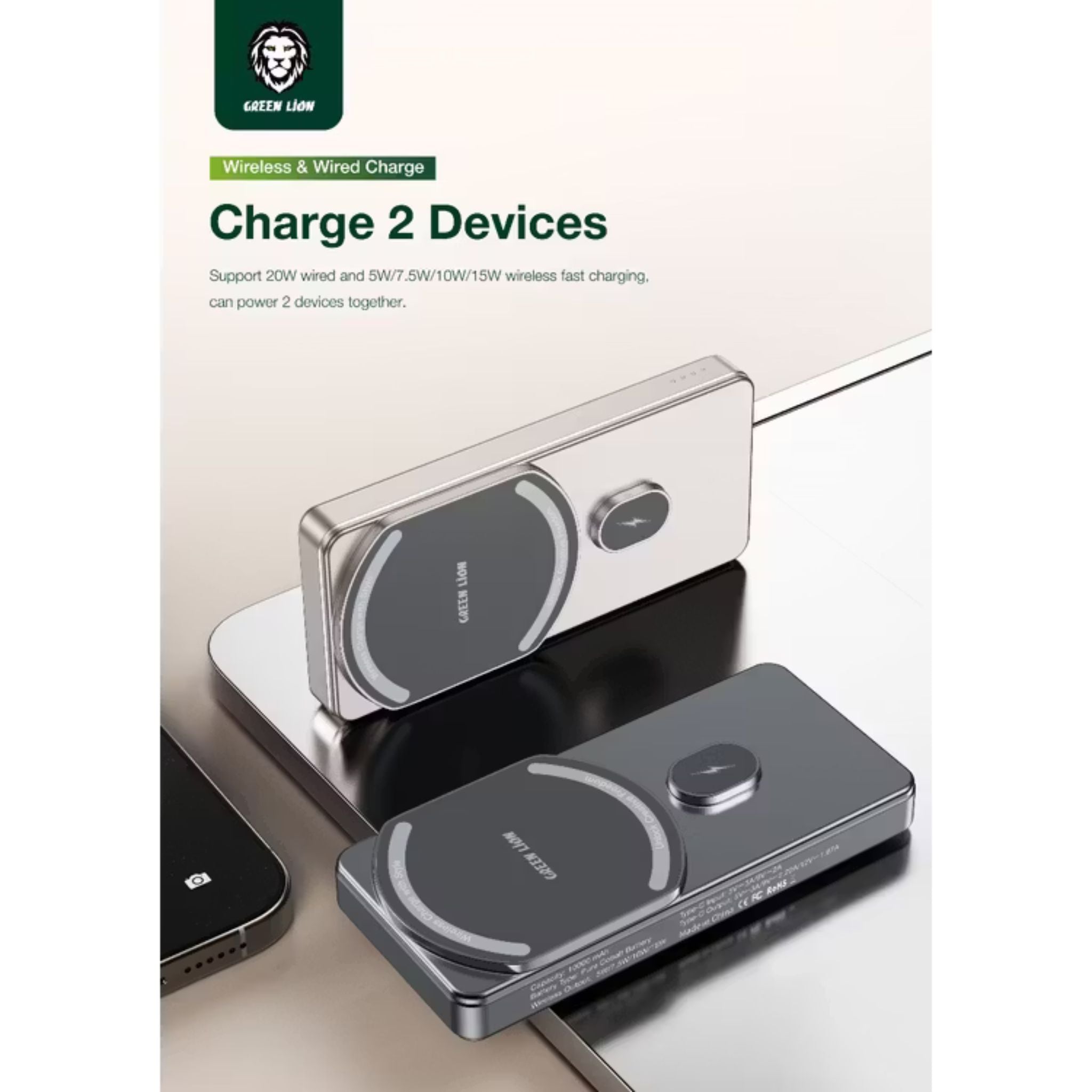 Green Lion 10000mAh Milton Power Bank, MagSafe Compatible, 15W Wireless Charging, LED Charge Indicator, Pure Cobalt Battery, Strong Magnets, Type-C Input Interface - Desert Titanium
