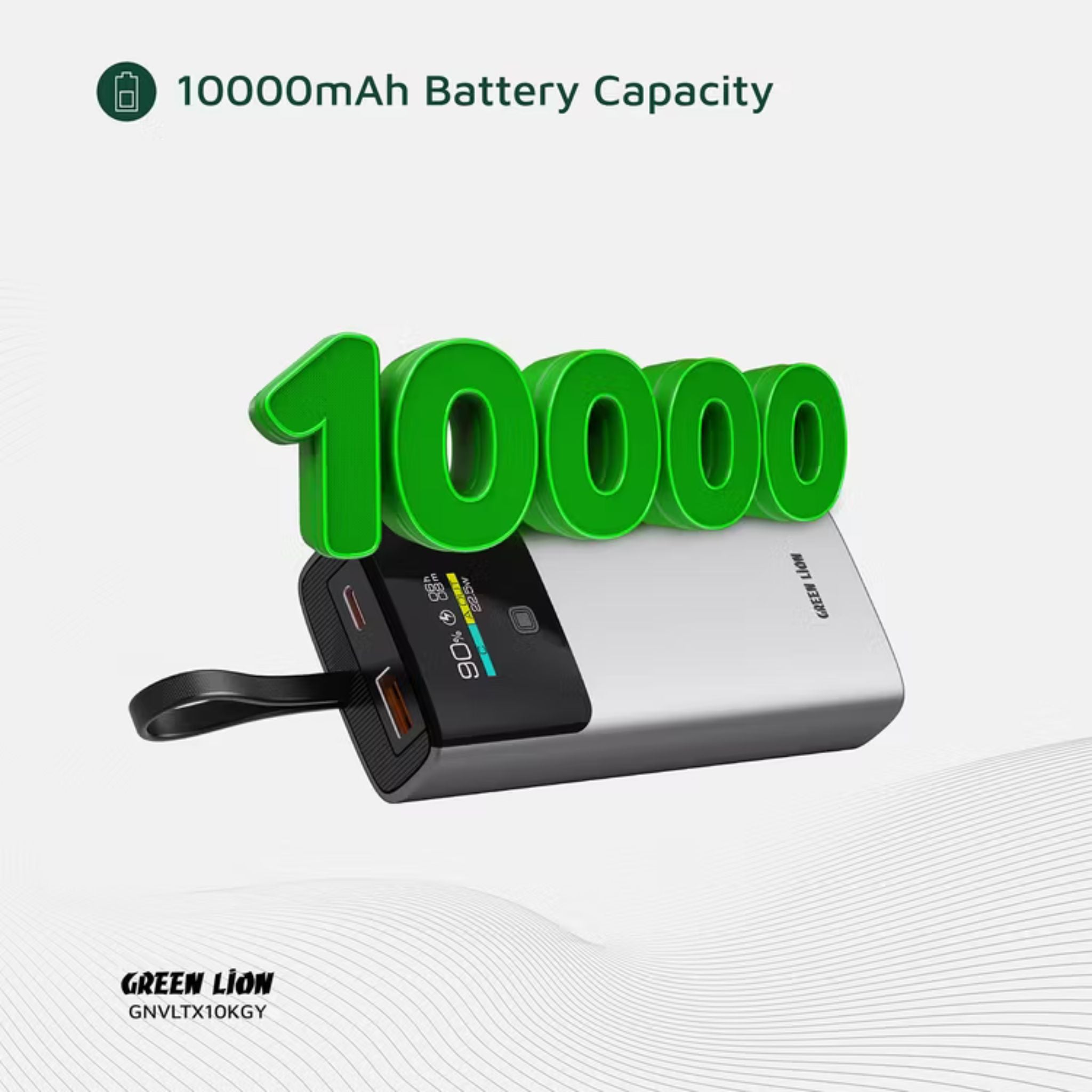 Green Lion Voltix 10000mAh Power Bank with TFT Display, Exquisite Appearance, Type-C Cable Strap, Fast Charging, Lightweight Design, 22.5W Total Output - Gray