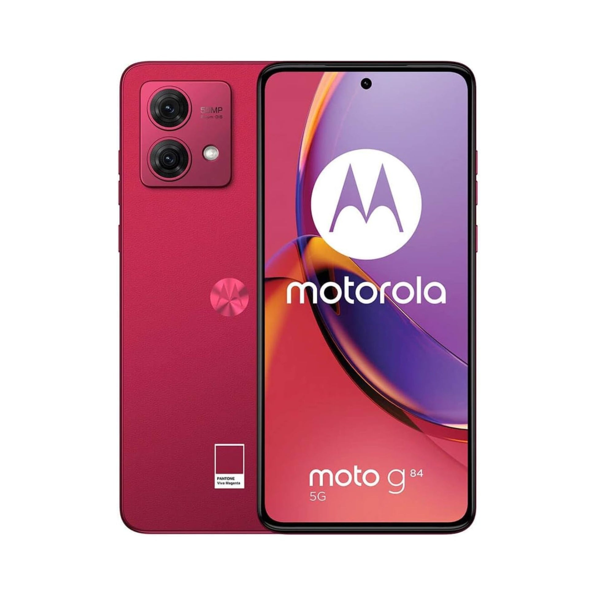 Red Motorola smartphone showing back and front views on a white background