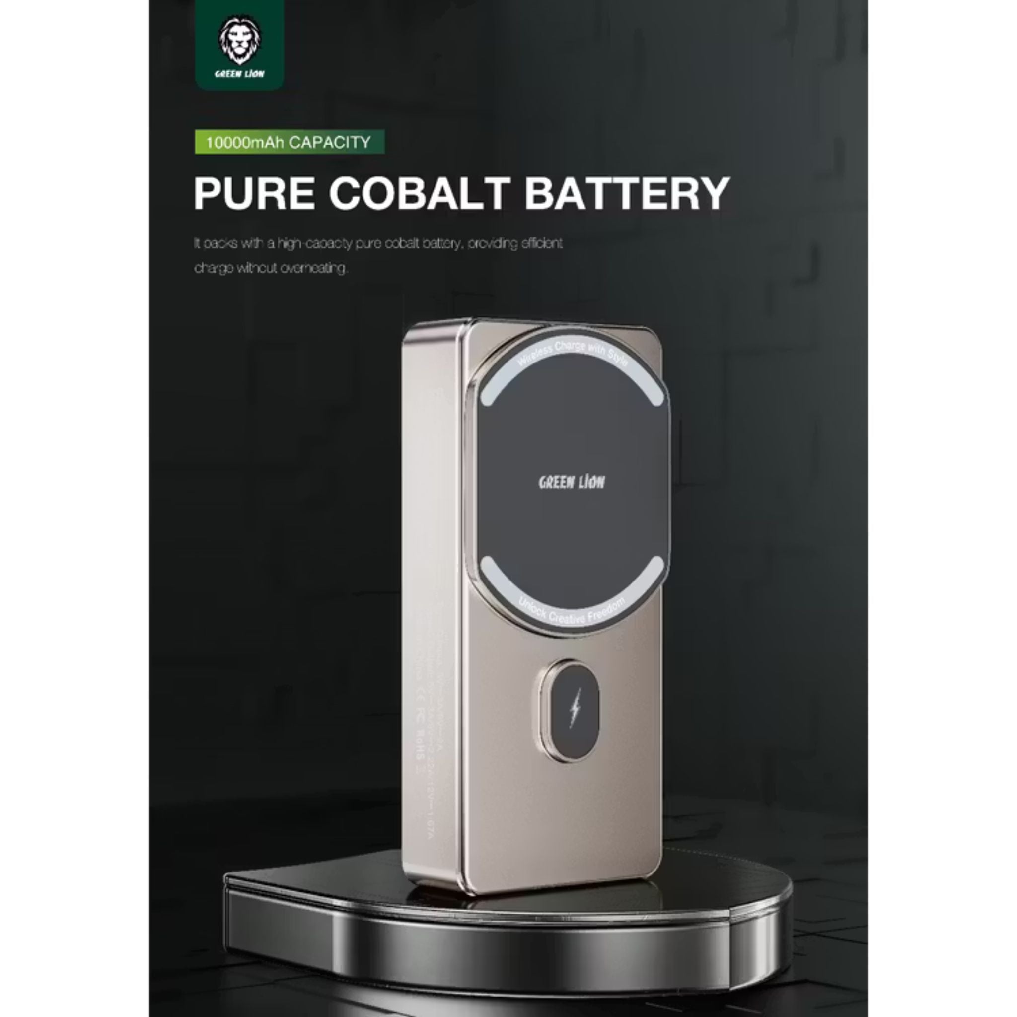 Green Lion 10000mAh Milton Power Bank, MagSafe Compatible, 15W Wireless Charging, LED Charge Indicator, Pure Cobalt Battery, Strong Magnets, Type-C Input Interface - Desert Titanium