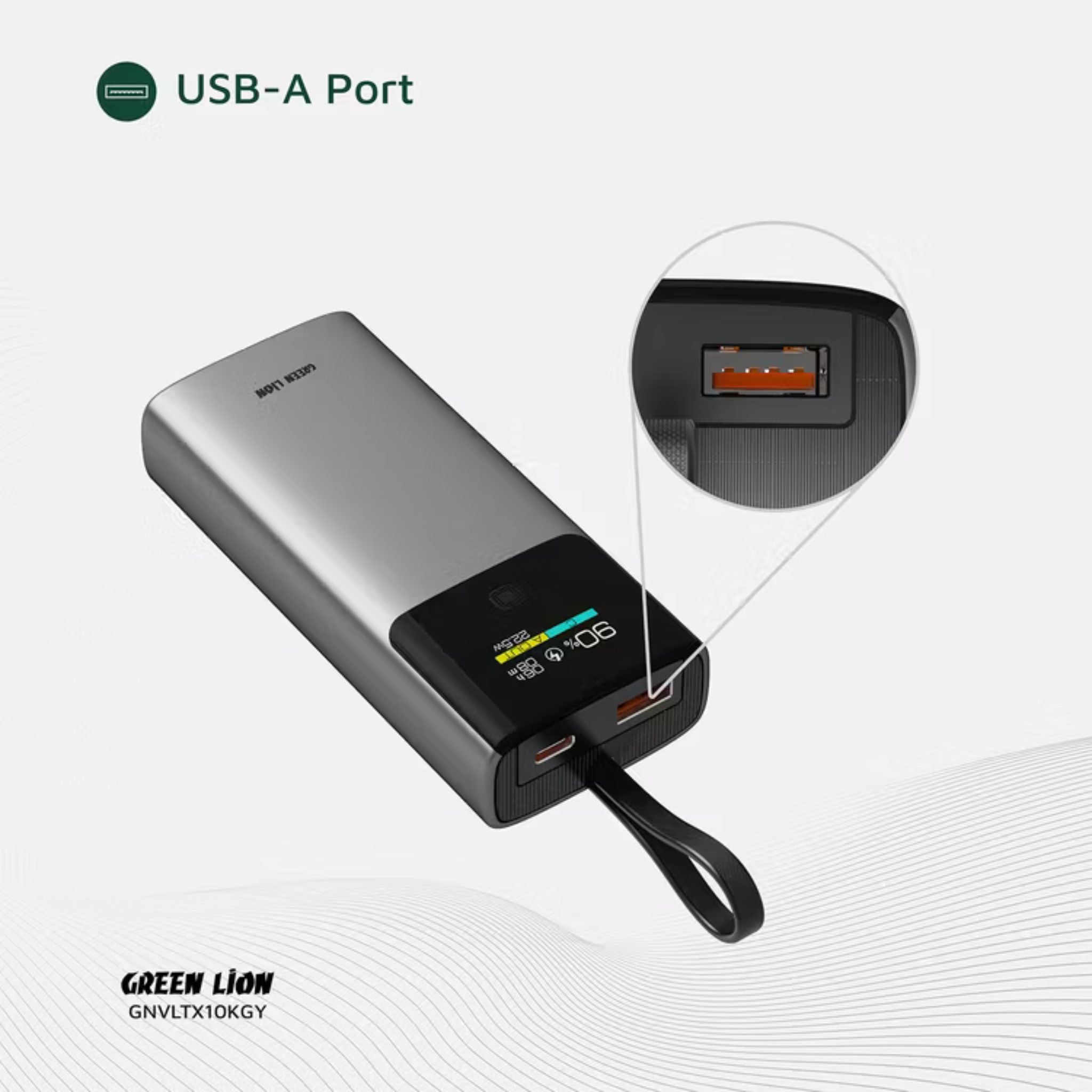 Green Lion Voltix 10000mAh Power Bank with TFT Display, Exquisite Appearance, Type-C Cable Strap, Fast Charging, Lightweight Design, 22.5W Total Output - Gray
