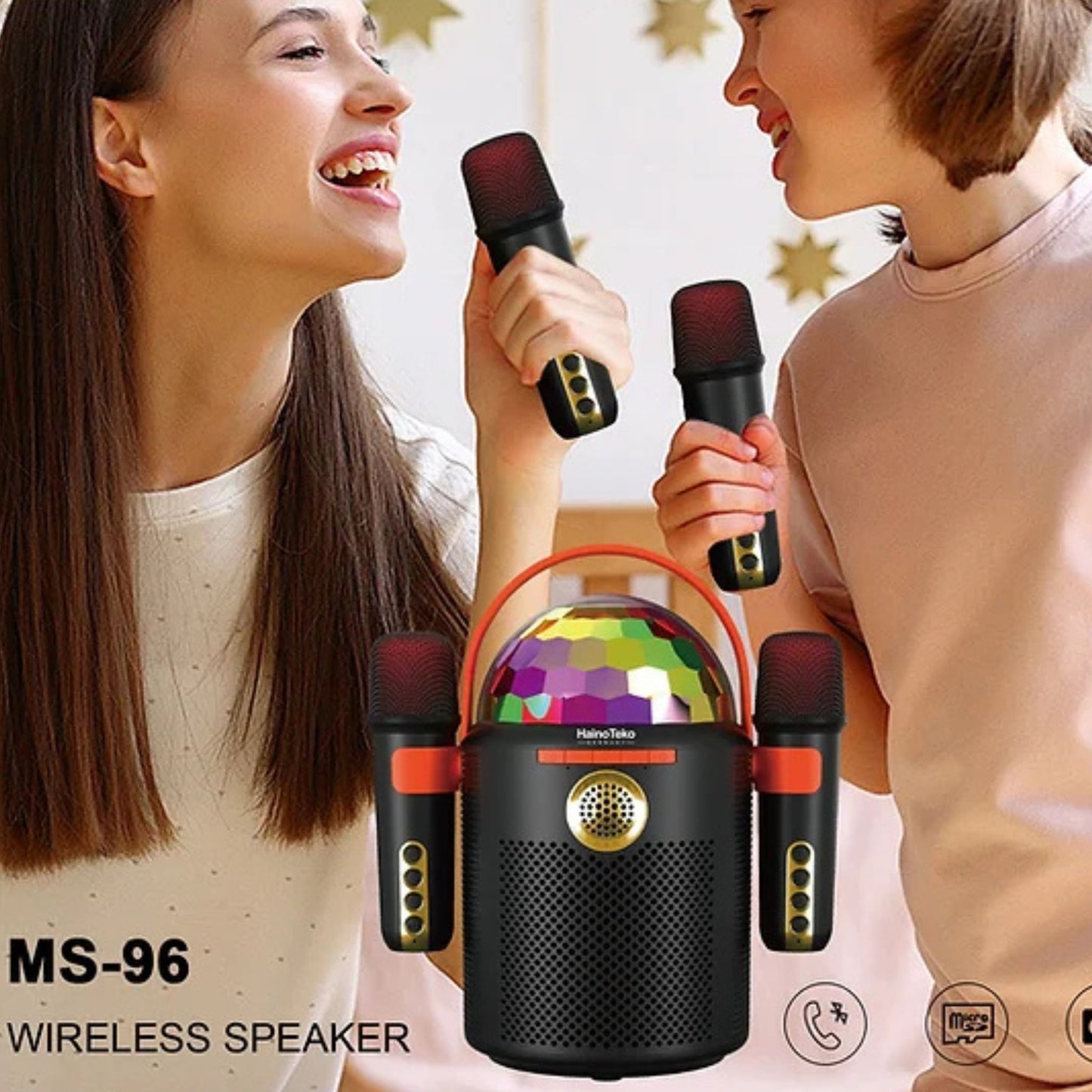 Haino Teko MS 96 Wireless Karaoke Portable Mini Bluetooth Party Speaker with Two Mic and RGB Disco Ball Lights For Indoor and Outdoor_Black