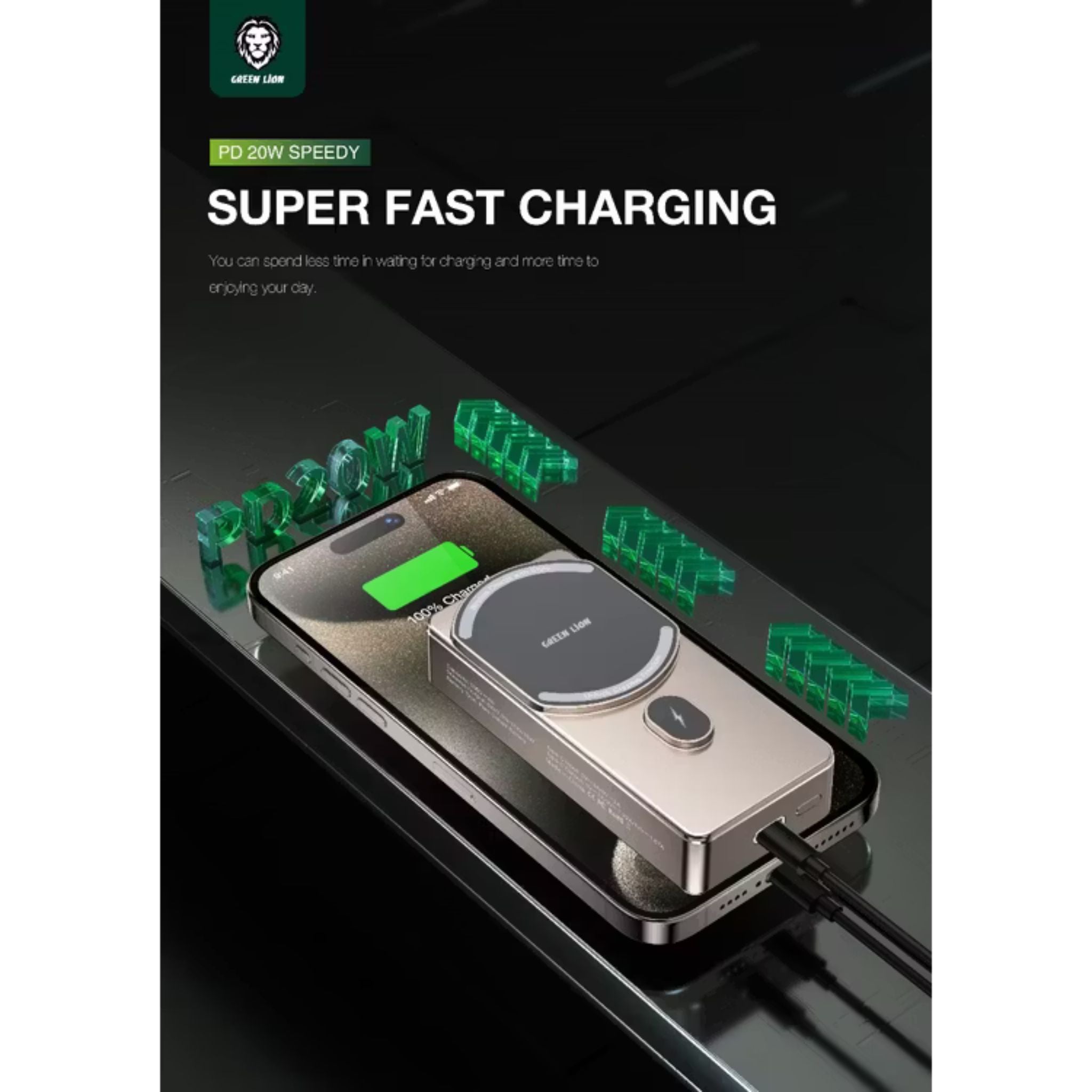 Green Lion 10000mAh Milton Power Bank, MagSafe Compatible, 15W Wireless Charging, LED Charge Indicator, Pure Cobalt Battery, Strong Magnets, Type-C Input Interface - Desert Titanium