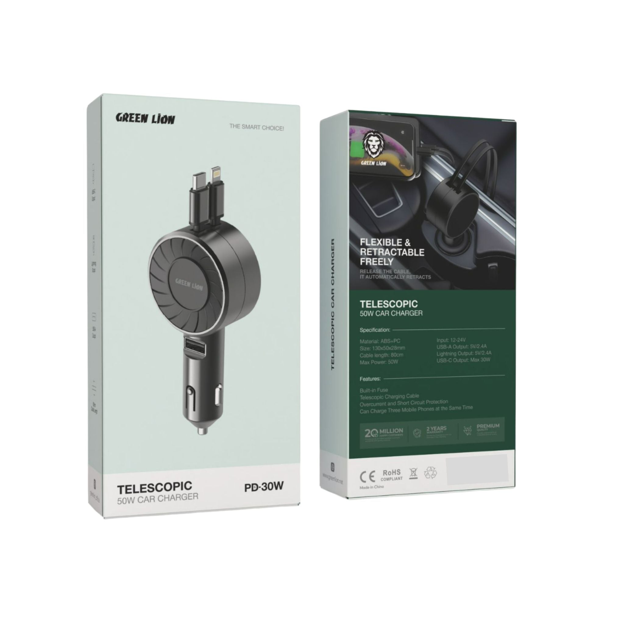 Green Lion Telescopic 50W Car Charger with Built-in Fuse, Telescopic Charging Cable, Overcurrent and Short Circuit Protection, Charge Three Devices at the Same Time - Black
